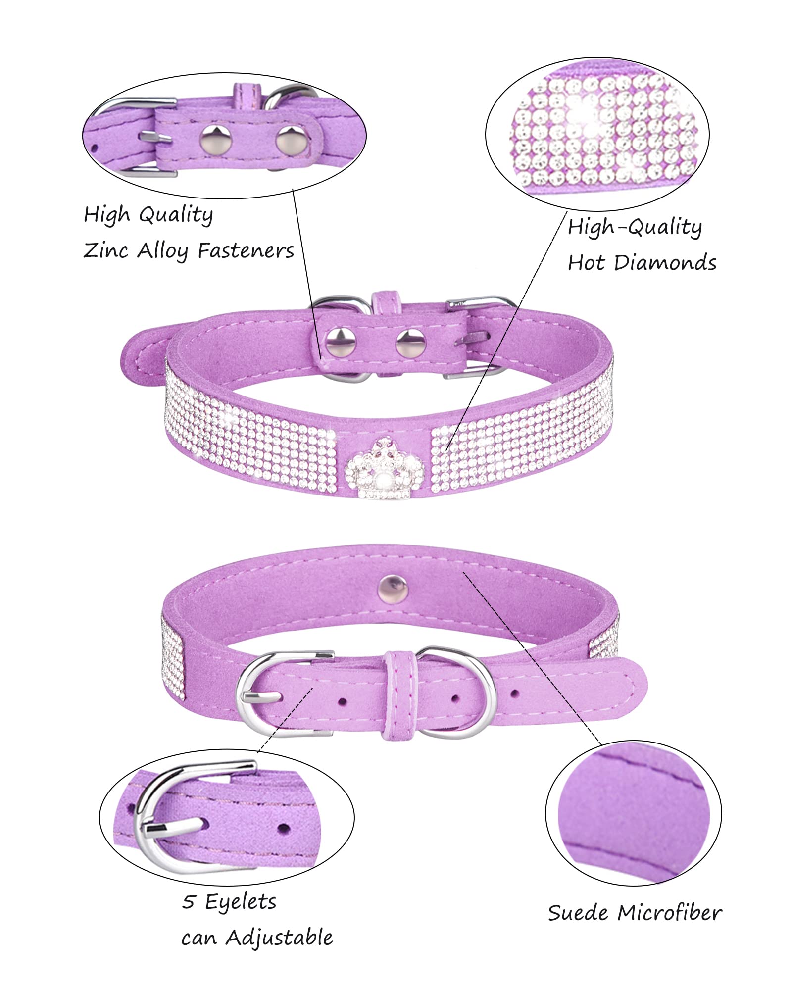 Dog Collar For Small Dogs, Adjustable Leather Suede Bling Dog Collars,Pink Dog Collar Cat Collar, Rhinestone Dog Collar (L, Purp