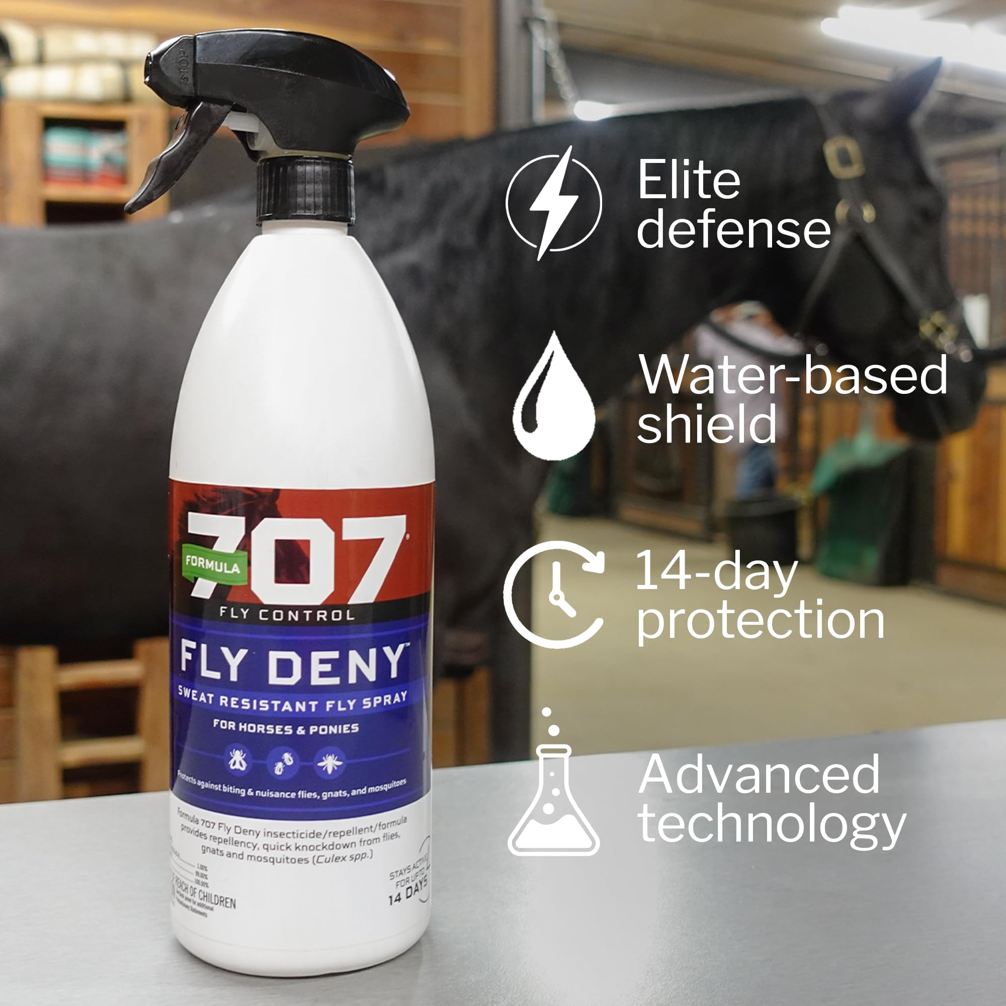 Formula 707 Fly Deny Spray for Horses & Ponies, Sweat-Resistant 14-Day Protection from Flies, Gnats & Mosquitoes, Repels and Kil