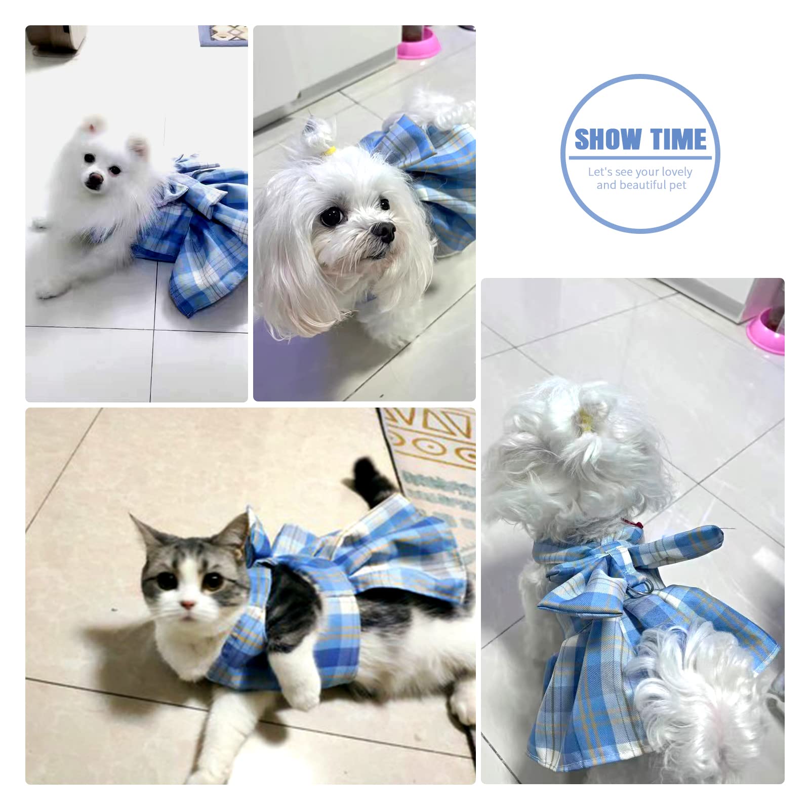 Petcare Plaid Dog Dress Bow Tie Harness Leash Set For Small Dogs Cats Girl Cute Princess Dog Dresses Spring Summer Puppy Bunny Rabbit Clothes Chihuahua Yorkies Pet Outfits