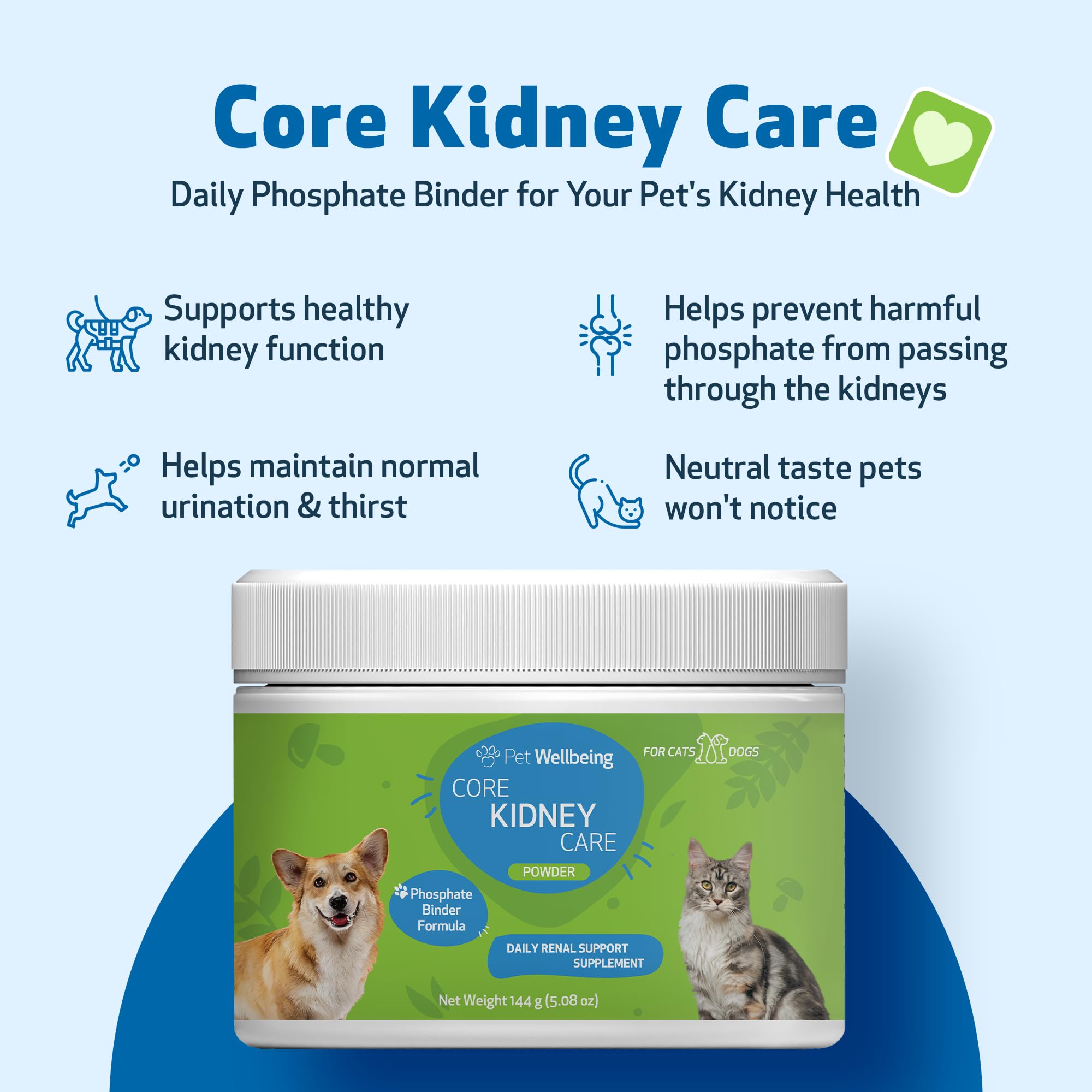 Pet Wellbeing Core Kidney Care for Cats & Dogs - Daily Phosphate Binder with FOS, Chitosan, Probiotics, Reishi - Vet-Formulated