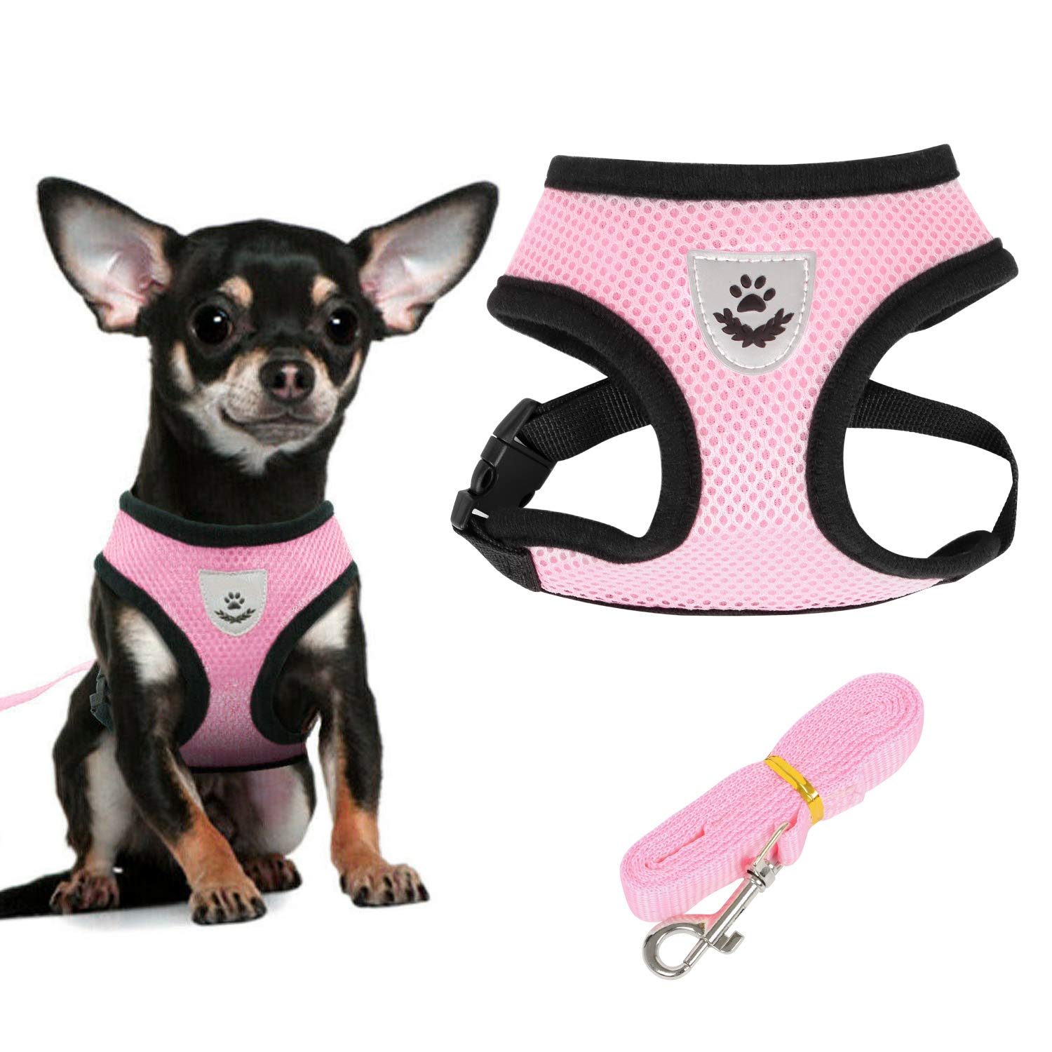 Soft Mesh Dog Harness Vest, Small Dog Harness, Night Reflective Adjustable Mesh Harness With Padded Vest And Leash(Pink)