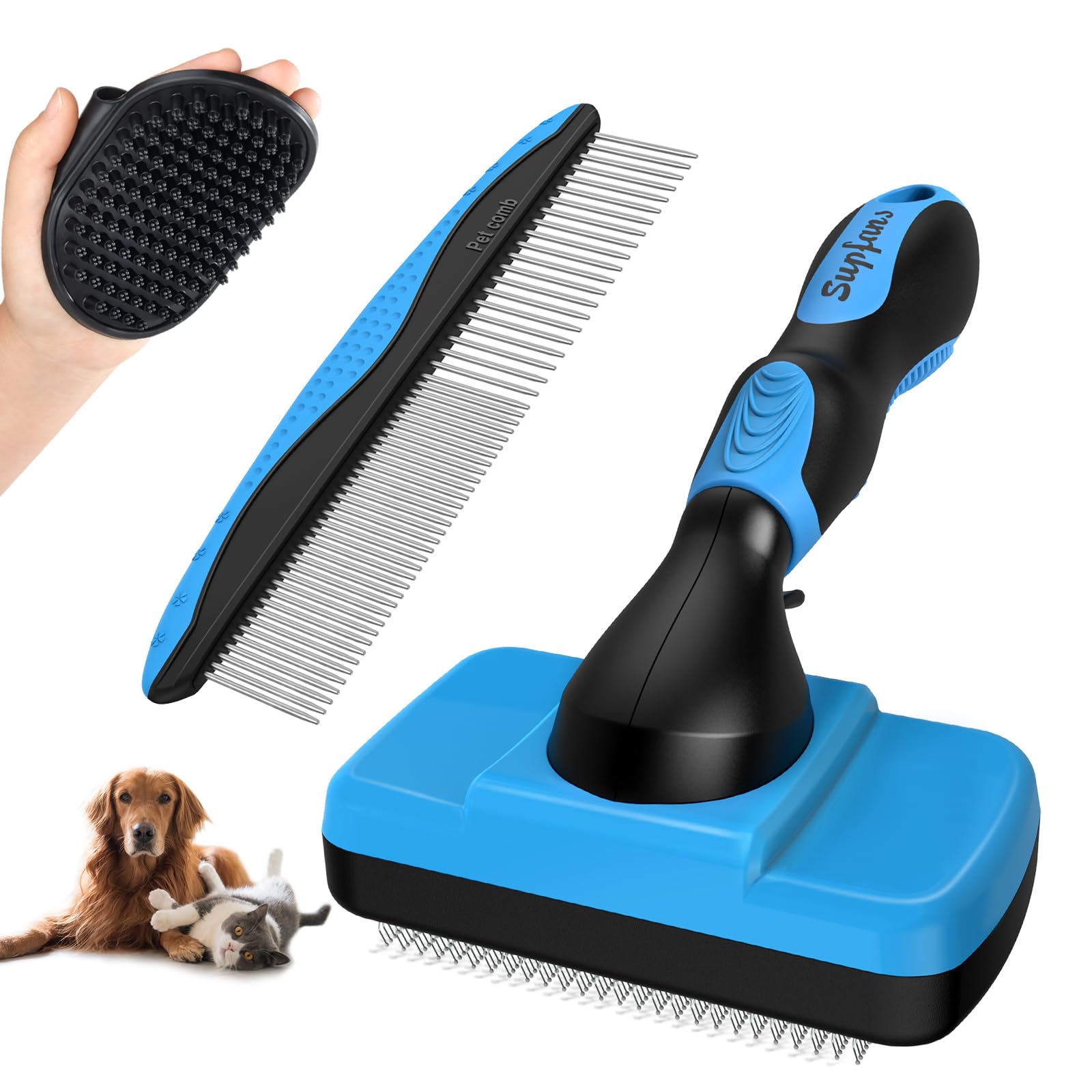 3PCS Dog Grooming Kit - Deshedding Dog Brush, Self Cleaning Slicker Brush, Bath Brush and Comb, Suitable for Hair Removal and Ba