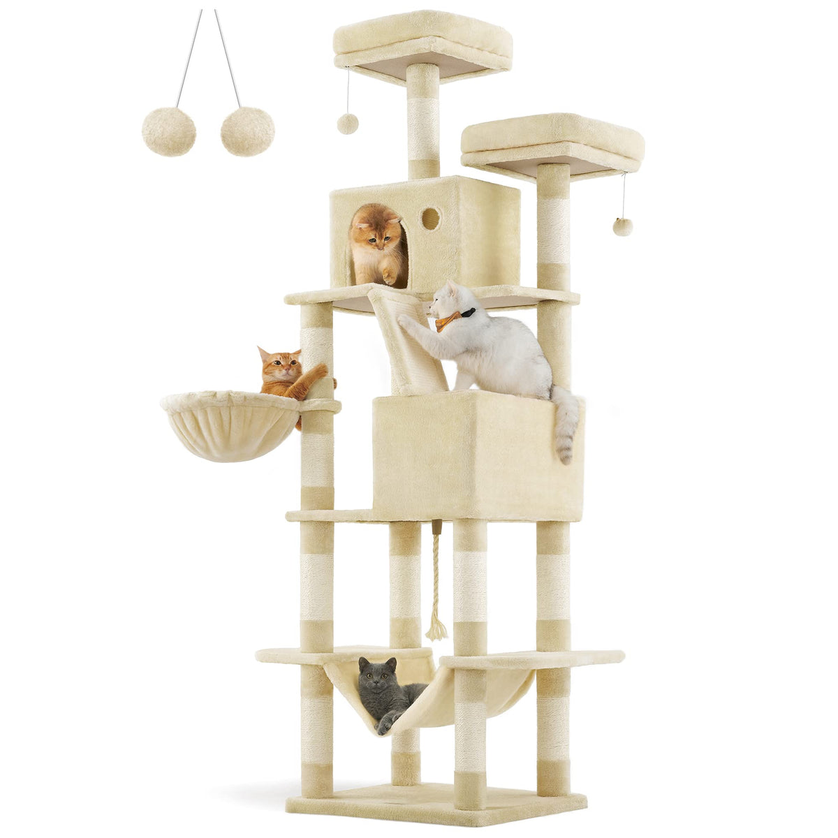 Feandrea Cat Tree, 81.1-Inch Large Cat Tower With 13 Scratching Posts, 2 Perches, 2 Caves, Basket, Hammock, Pompoms, Multi-Level Plush Cat Condo For Indoor Cats, Beige Upct190M01