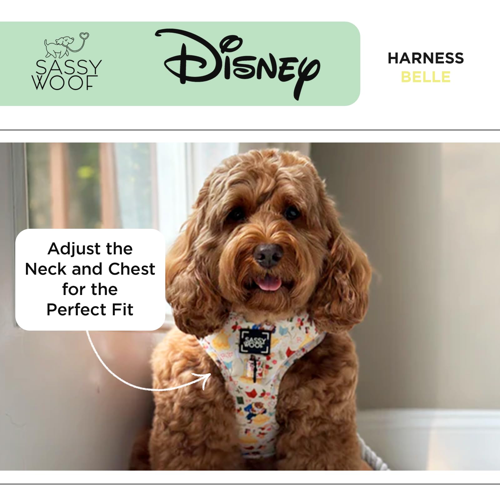 Sassy Woof Dog Adjustable Harness - Disney Princess Beauty And The Beast Belle - Xl, Breathable Mesh, No Pull Design With Two D-