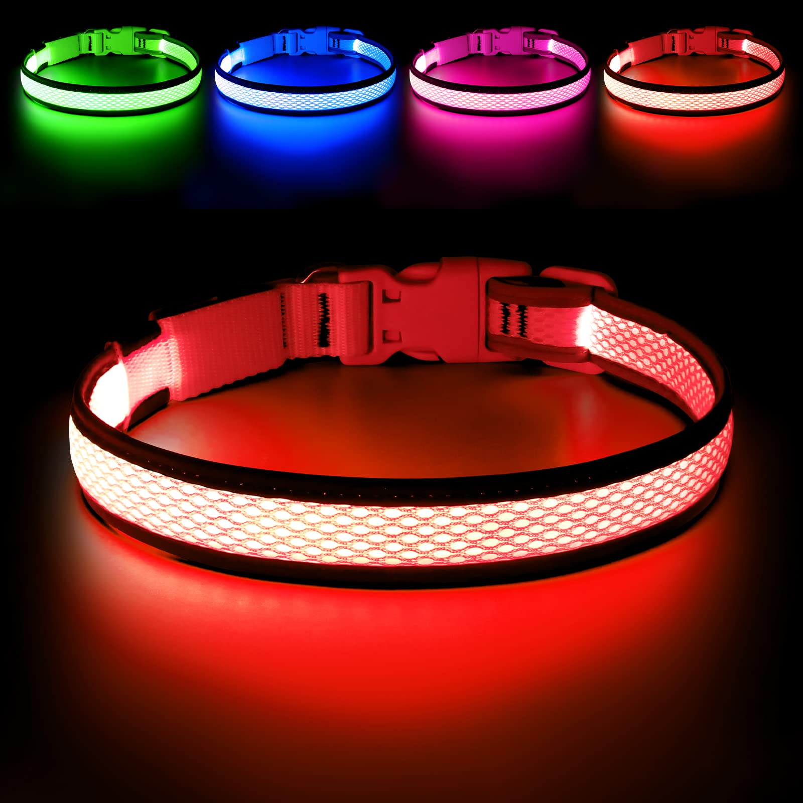 Flashseen Led Dog Collar, Usb Rechargeable Light Up Dog Collar Lights, Adjustable Comfortable Soft Mesh Safety Dog Collar For Small, Medium, Large Dogs(Small, Ruby Red)