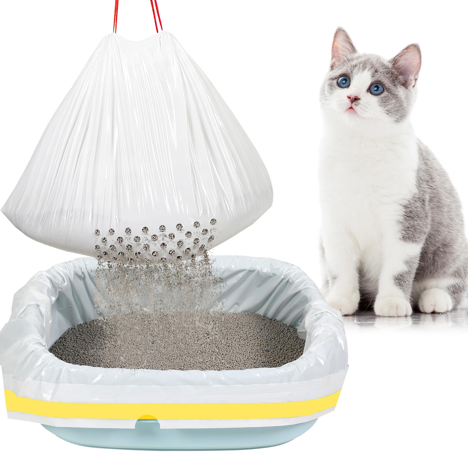 Jutom 14 Count Sifting Litter Box Liners, Drawstring Jumbo Sifting Cat Litter Bags with Holes, 31 x 18 Inch Portable Thick Scrat