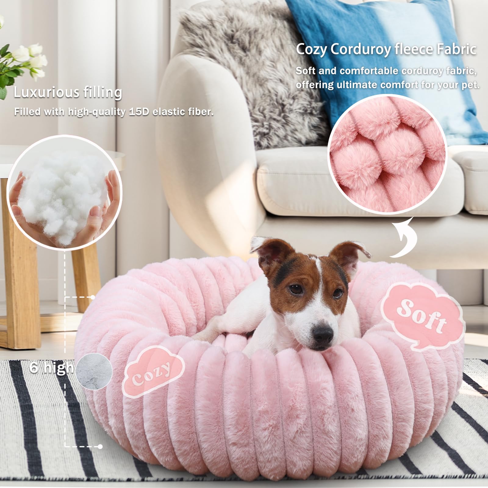 Donut Small Dog Bed Washable Cute Puppy Beds With Corduroy Fleece & Anti Slip Bottom, Round Faux Fur Pet Snuggle Beds For Large