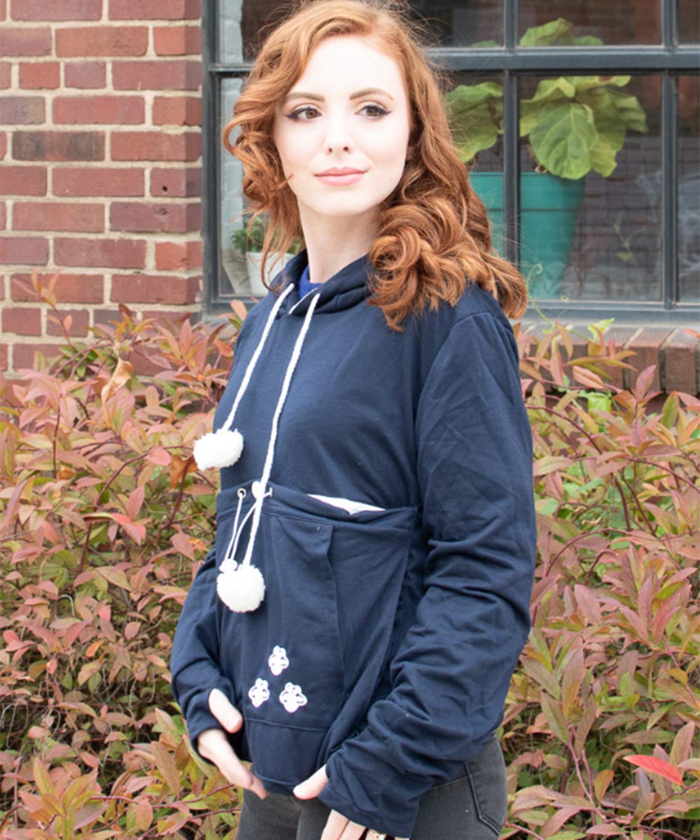 Unisex Big Pouch Hoodie Long Sleeve Pet Dog Holder Carrier Sweatshirt (Large, Navy Blue)