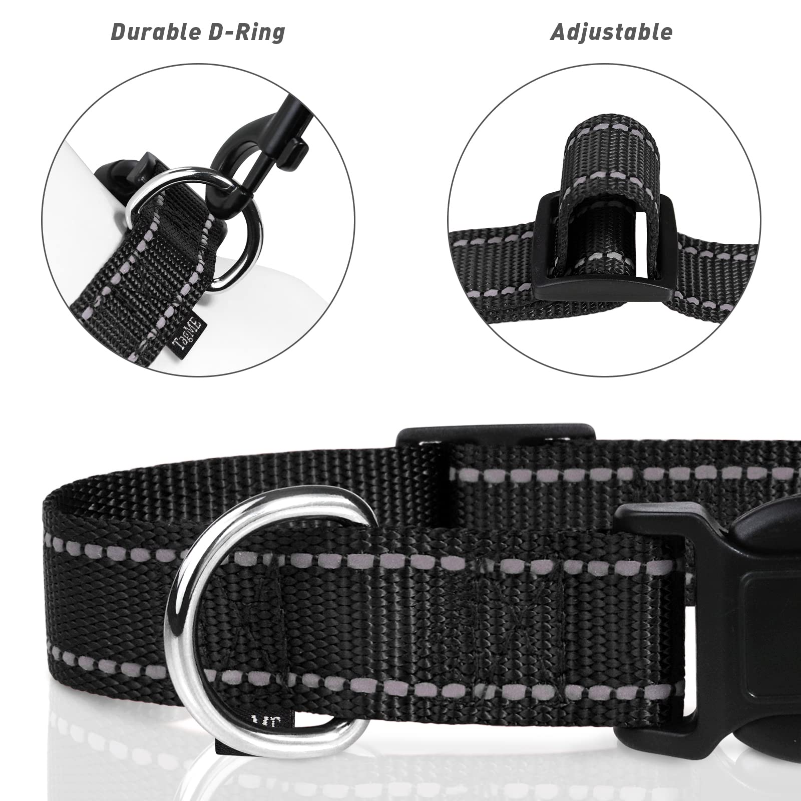 Tagme Reflective Nylon Dog Collars, Adjustable Classic Dog Collar With Quick Release Buckle For Extra Large Dogs, Black, 1¼' Width