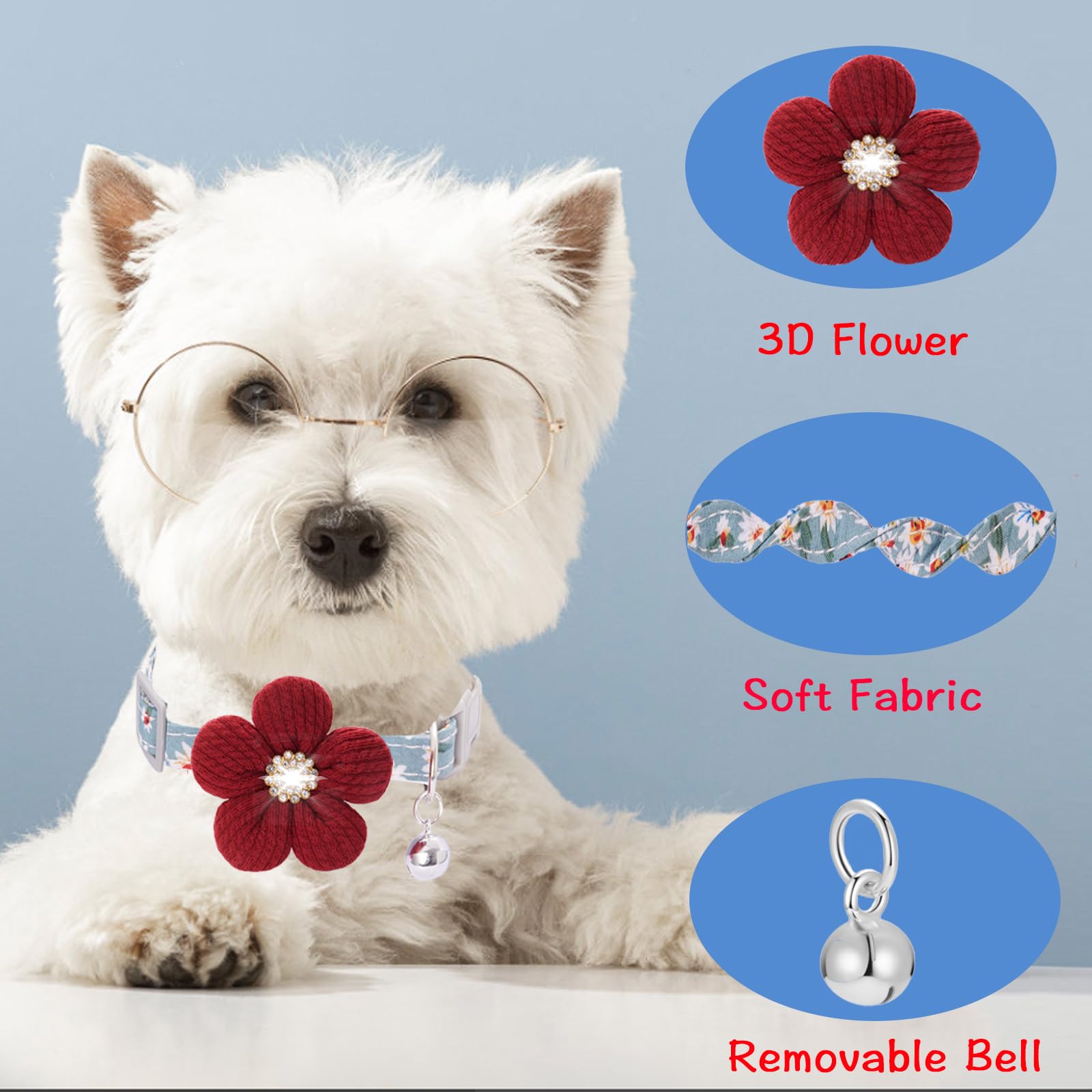 Small Dog Collar With Flower, Puppy Collar For Girl Dog Collars For Small Dogs Cute Dog Collar With Bell, Adjustable Length (Red