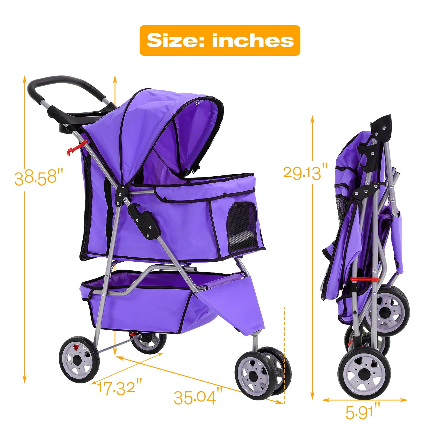 Hcy Folding Dog Stroller, 3 Wheels Cat Strollers Pet Gear For Small Medium Cats Dogs Puppy With Storage Basket, Cup Holder,Lightweight-Purple, 35.04Inchx17.32Inchx38.58Inch