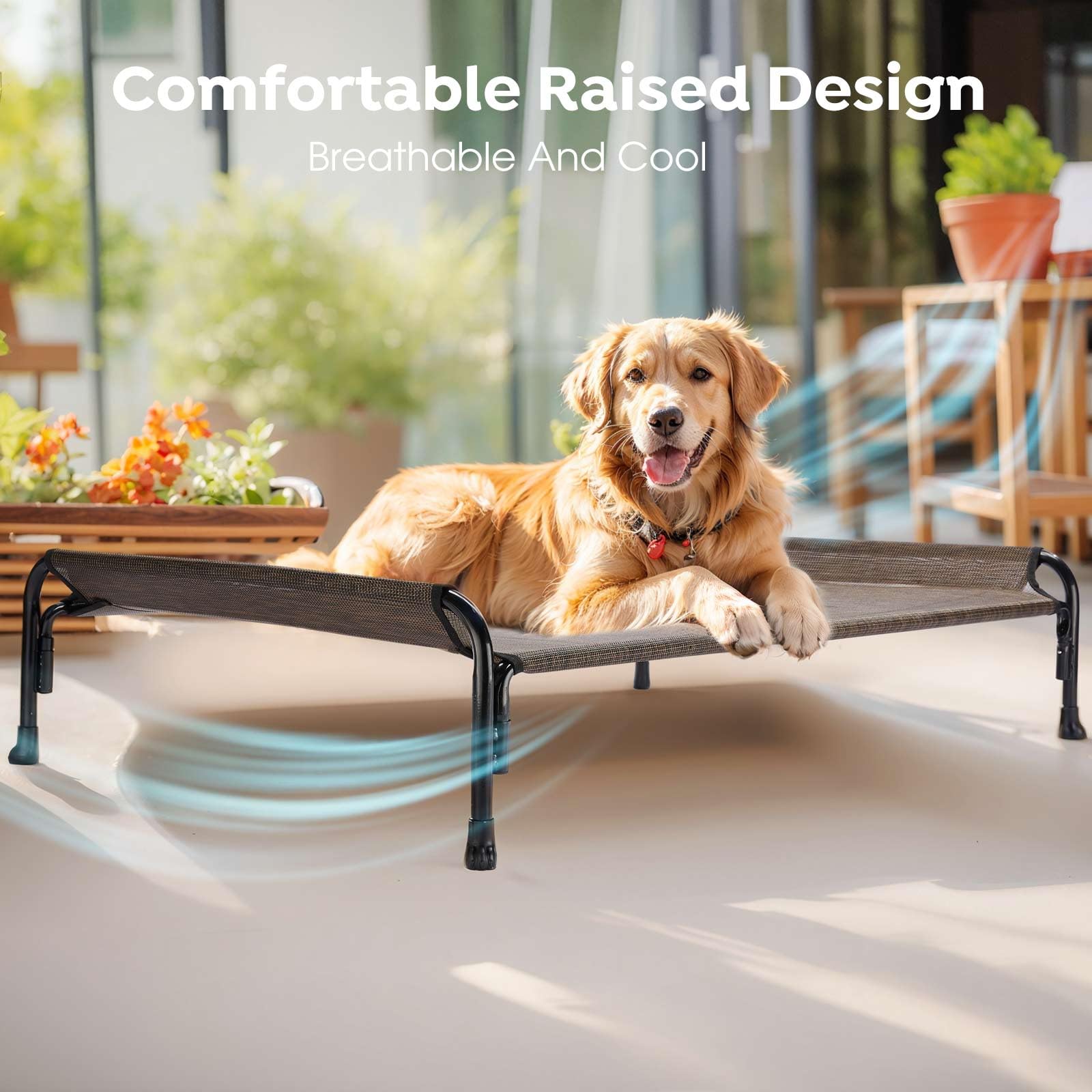 Veehoo Elevated Dog Bed, Outdoor Raised Dog Cots Bed For Large Dogs, Cooling Camping Elevated Pet Bed With Slope Headrest For Indoor And Outdoor, Washable Breathable, Large, Brown, Cwc2204