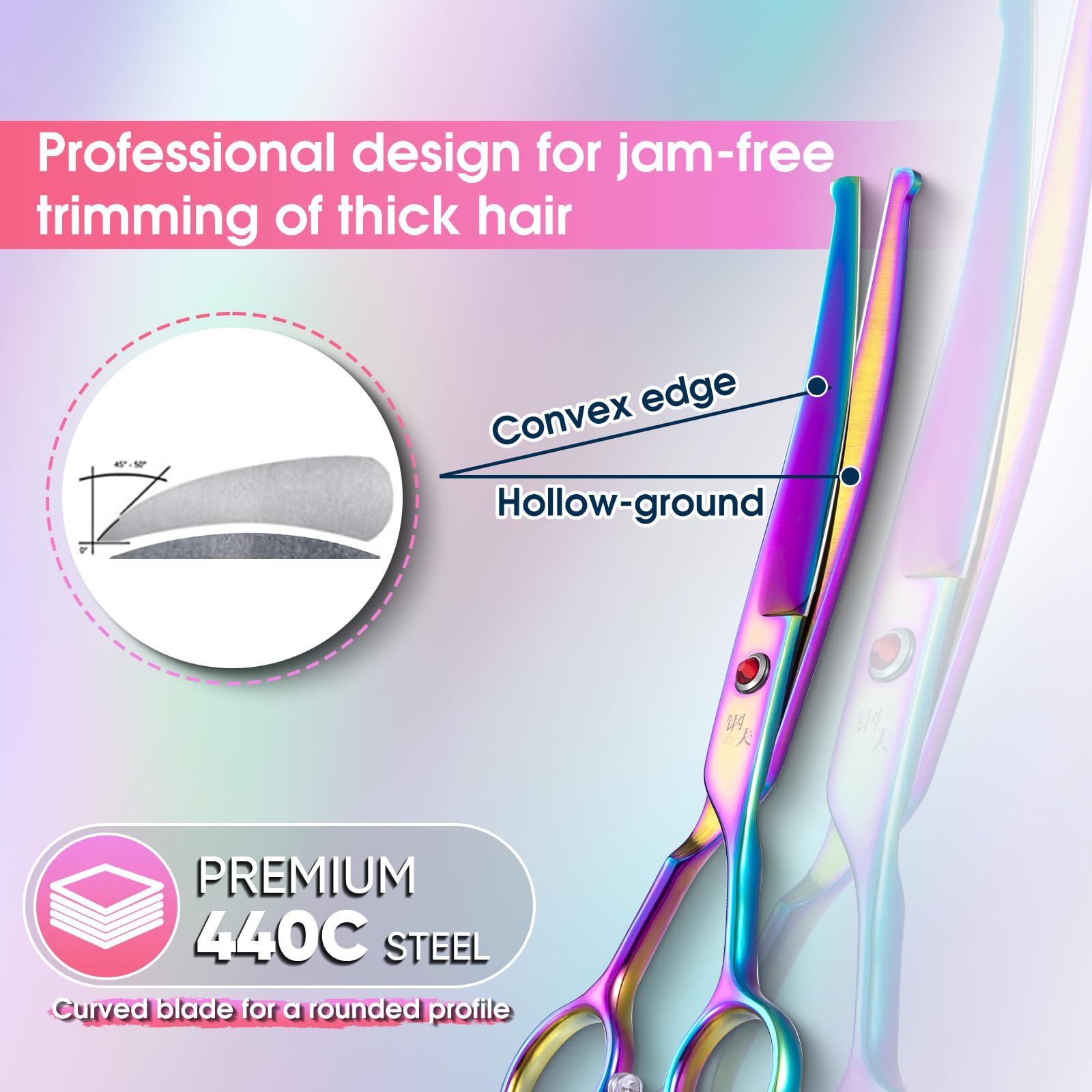 Drgskl 7'' Curved Dog Grooming Scissors With Safe Round Tip, Rainbow Pet Fur Scissors, Japanese Stainless Steel 440C, Sharp And