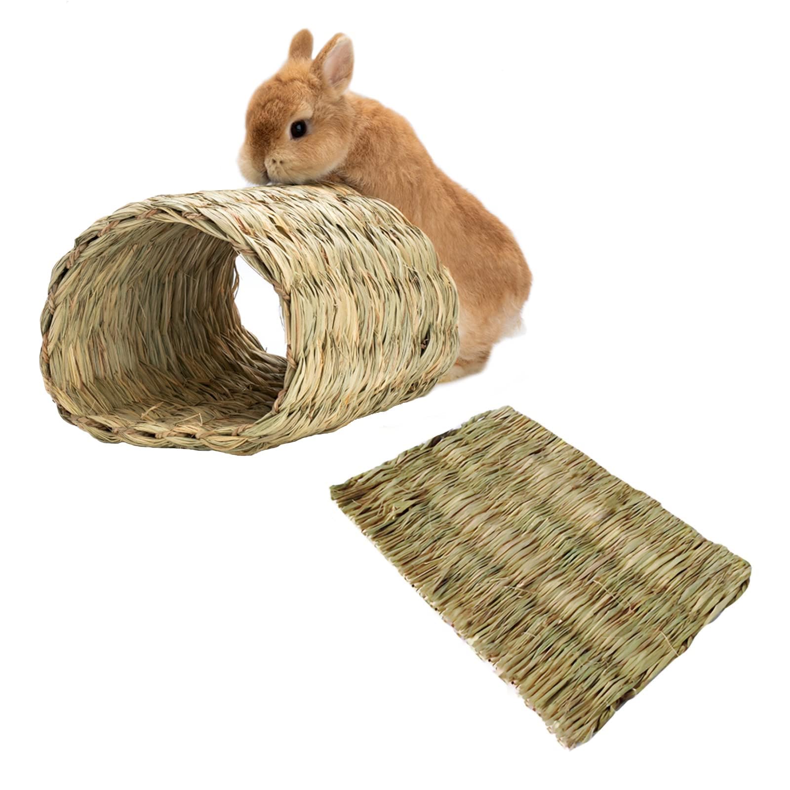 Hamiledyi Rabbit Grass Tunnel,Rabbit Grass Bed Natural Straw Woven Mat Winter Warm Hideaway Hut For Bunny Gerbil Ferrets Chinchi