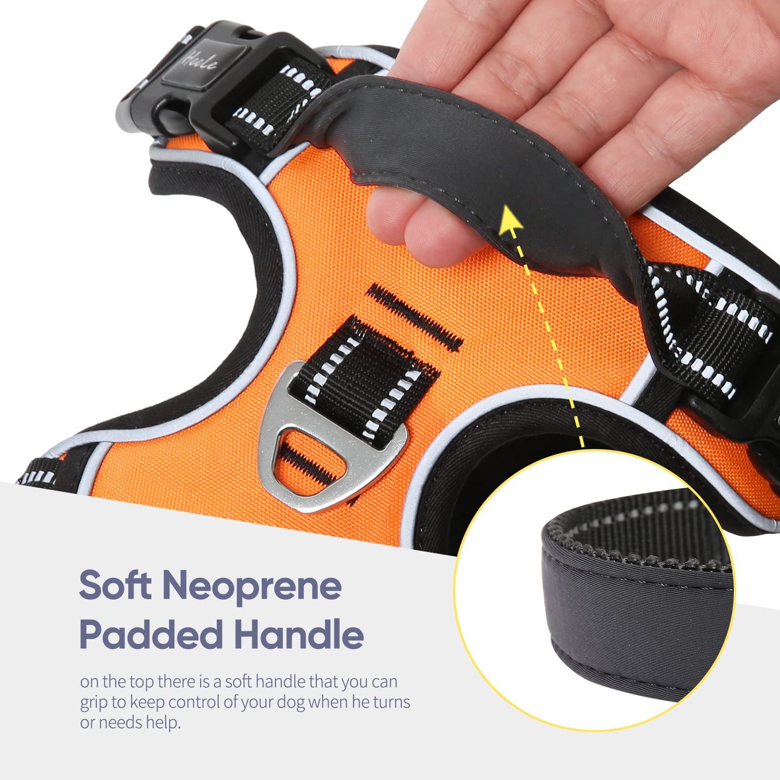 HEELE Dog Harness - No Pull Adjustable, Padded, Reflective, Large, Orange, Model: Harnais Chien, Durable Nylon & Oxford Material