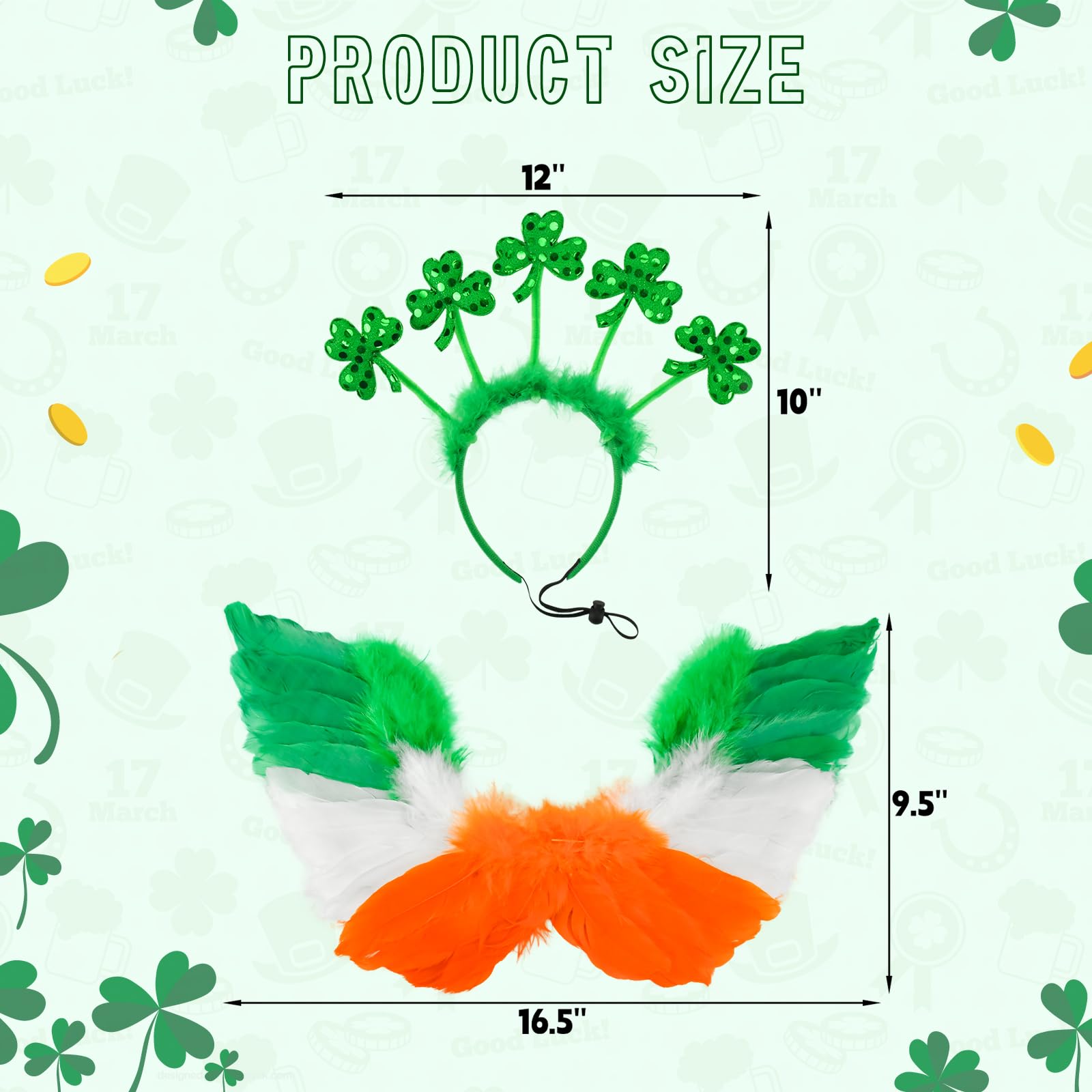 Shurung Adorable Shamrock Headband St. Patrick'S Day Costume Set With Irish Colors Feather Wing & Trefoil Headband Lucky-Themed