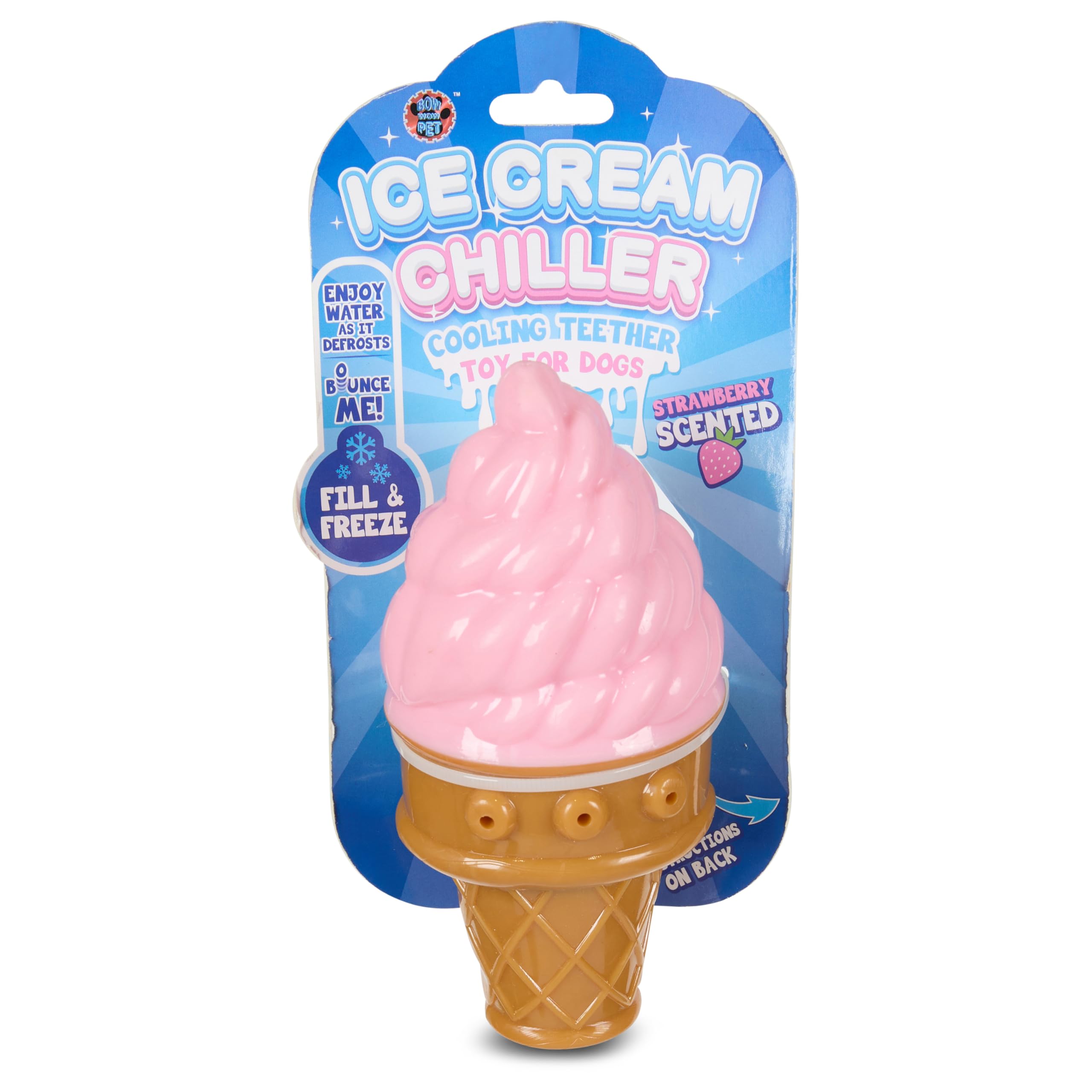 Bow Wow Ice Cream Dog Toy - Freezable Treat Dispenser & Teething Chew Toy, Strawberry Scented, Durable Bouncy TPR Rubber, Coolin