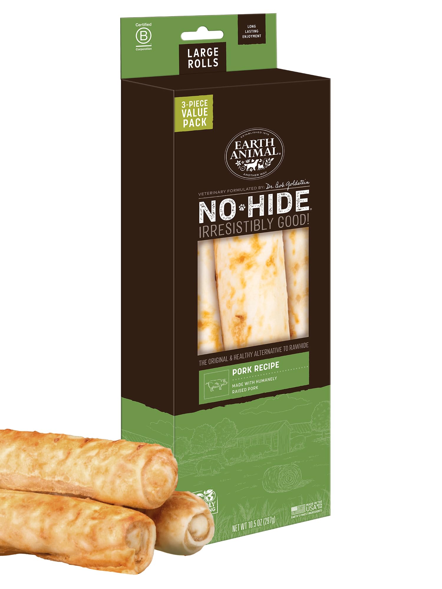 Earth Animal No-Hide Rolls Pork Recipe Large Natural Rawhide Alternative Dog Chews | 10.5 oz