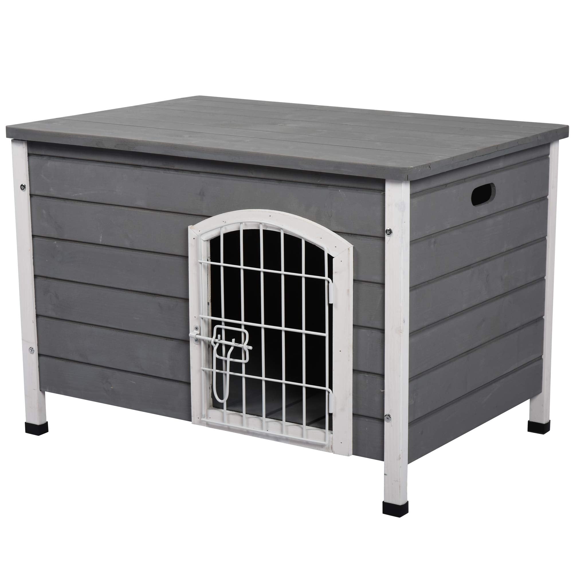 Pawhut Wooden Dog Kennel Crate Pet House Wire Door Openable Top Removable Bottom Grey 80 X 55 X 53.5Cm