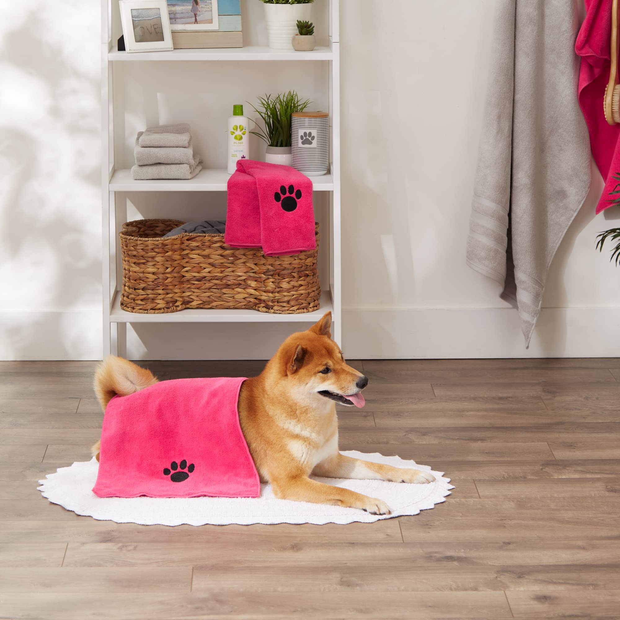 Bone Dry Pet Grooming Towel Collection Embroidered Absorbent Microfiber Drying Set, 15X30, Raspberry Sorbet, 3 Count