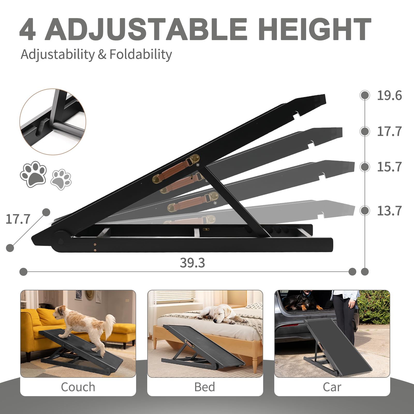 Aboron Dog Ramp,Adjustable Folding Pet Ramp For Bed,Couch,Suv - High Traction Portable Rubber Paw Ramps,Great For Small & Large