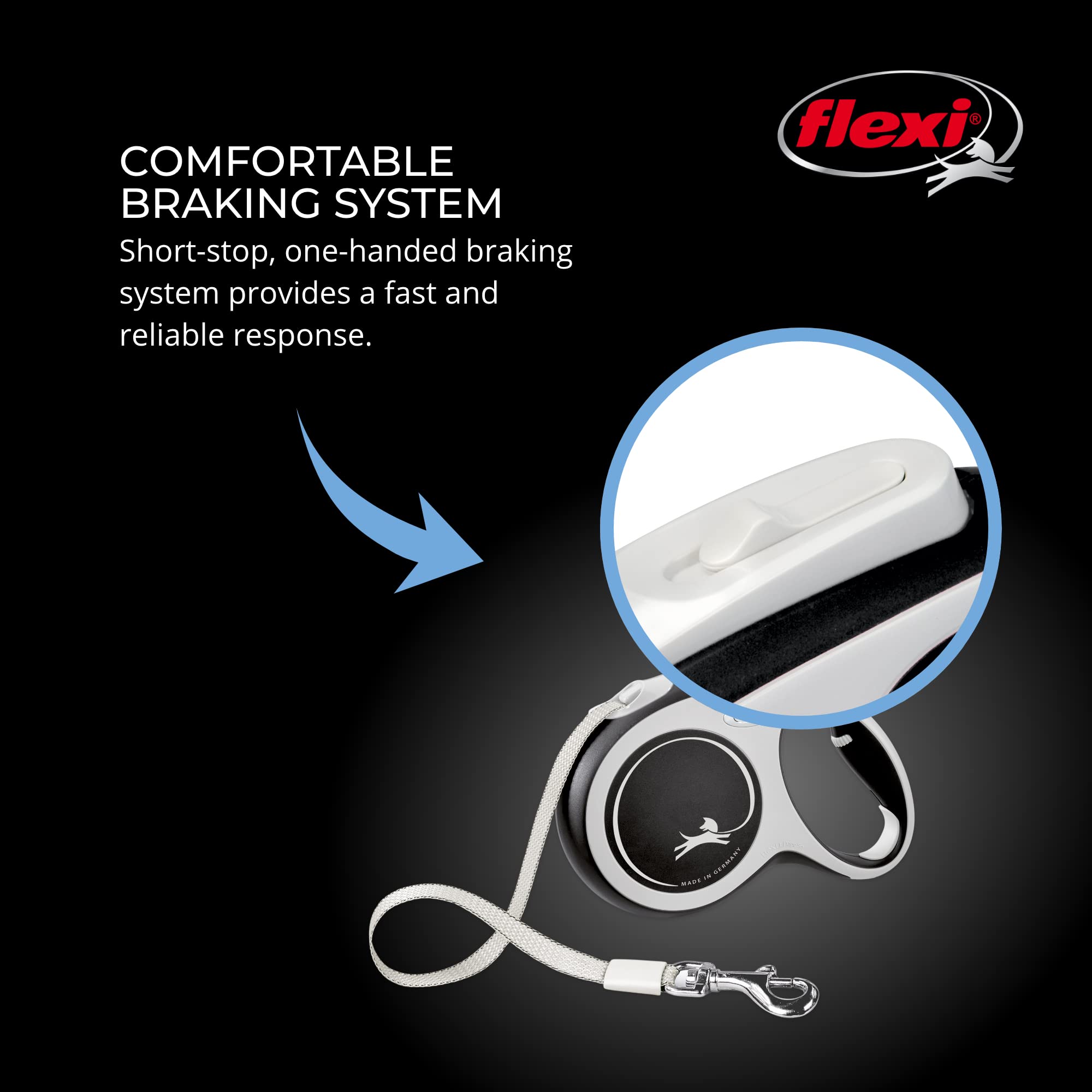 Flexi® New Comfort Tape Retractable Dog Leash For Large Dogs Upto 132 Lbs. – 16 Ft., Black/Grey | Tangle Free Pet Walking Leash With One-Handed Brake, Pause, Lock |German Quality Product