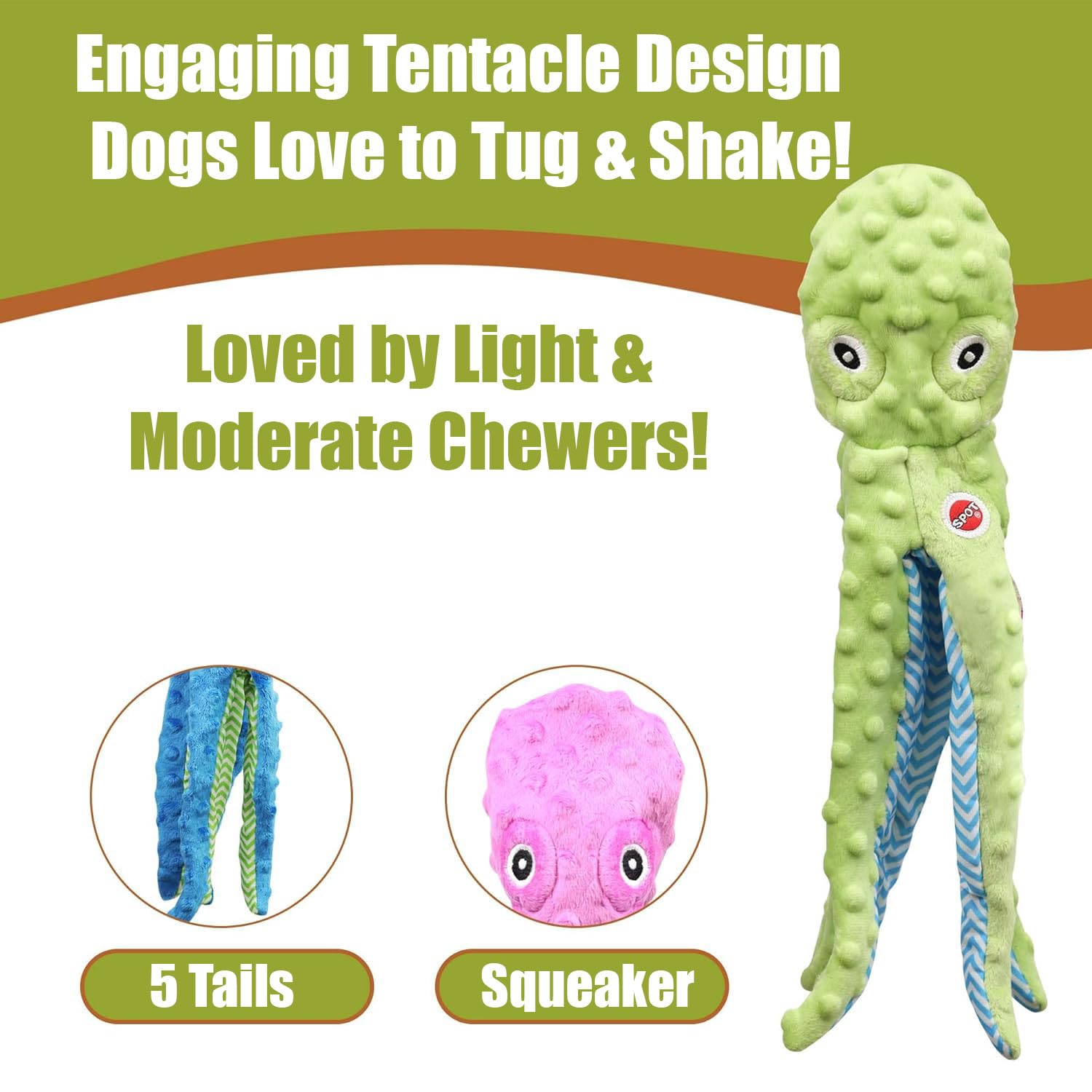 SPOT Skinneeez Extreme Octopus Dog Toy - 16    Stuffing-Free Plush Toy for Small/Medium Dogs with Squeaker - Great for Puppies &