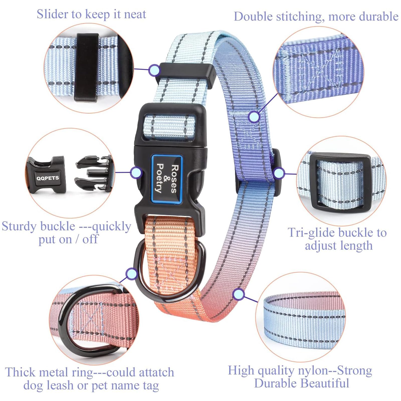 Roses&Poetry Reflective Dog Collar With Gradient Azure, Adjustable Durable Pet Collars For Small Medium Large Dogs (Azure-M
