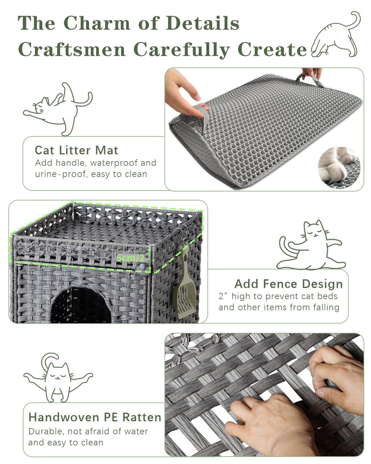 Setvson Cat Litter Enclosure With Hidden Litter Mat And Rattan Cat House, Supports Two Litter Boxes, Ideal For Living Room Or Be