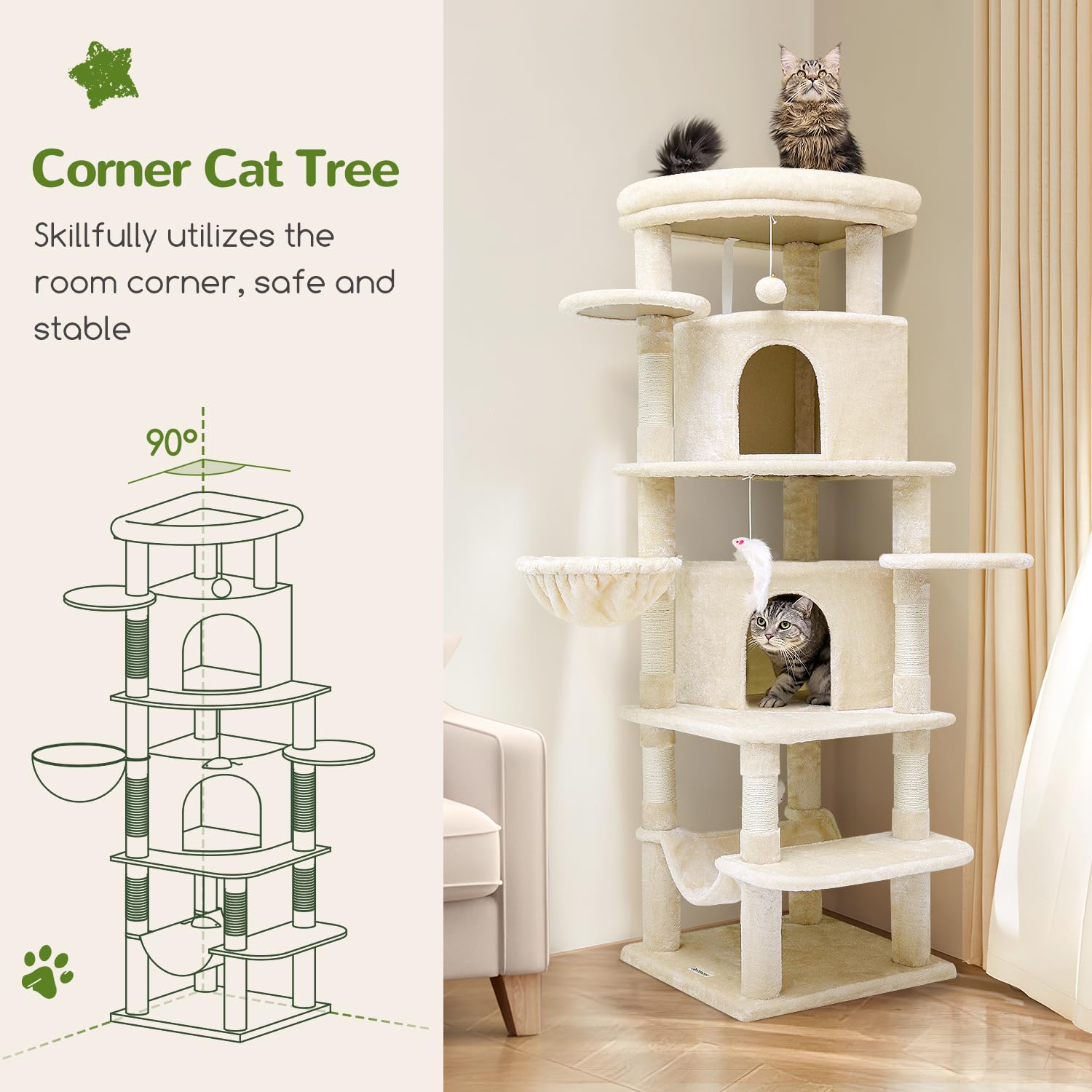 Globlazer C66 Corner Cat Tree For Large Cats, 66Inch Tall Curved Series Large Cat Tower For Multiple Indoor Cats With 6 Scratchi