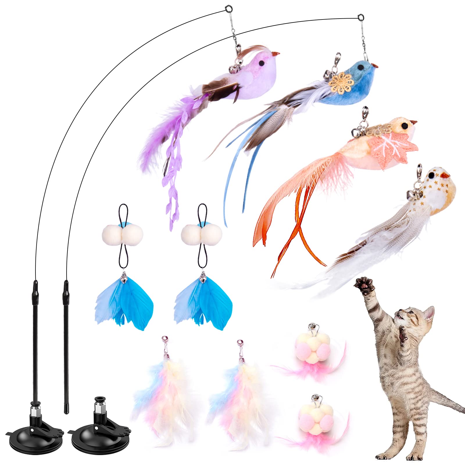 Hosfroll Cat Toys Wand, Interactive Cat Toy With Super Suction Cup Sticky Detachable 12 Pcs Feather Replacements 2 Wands Cat Spring Feather Toys For Indoor Cats Kitten Toys (4 Birds Replacements)