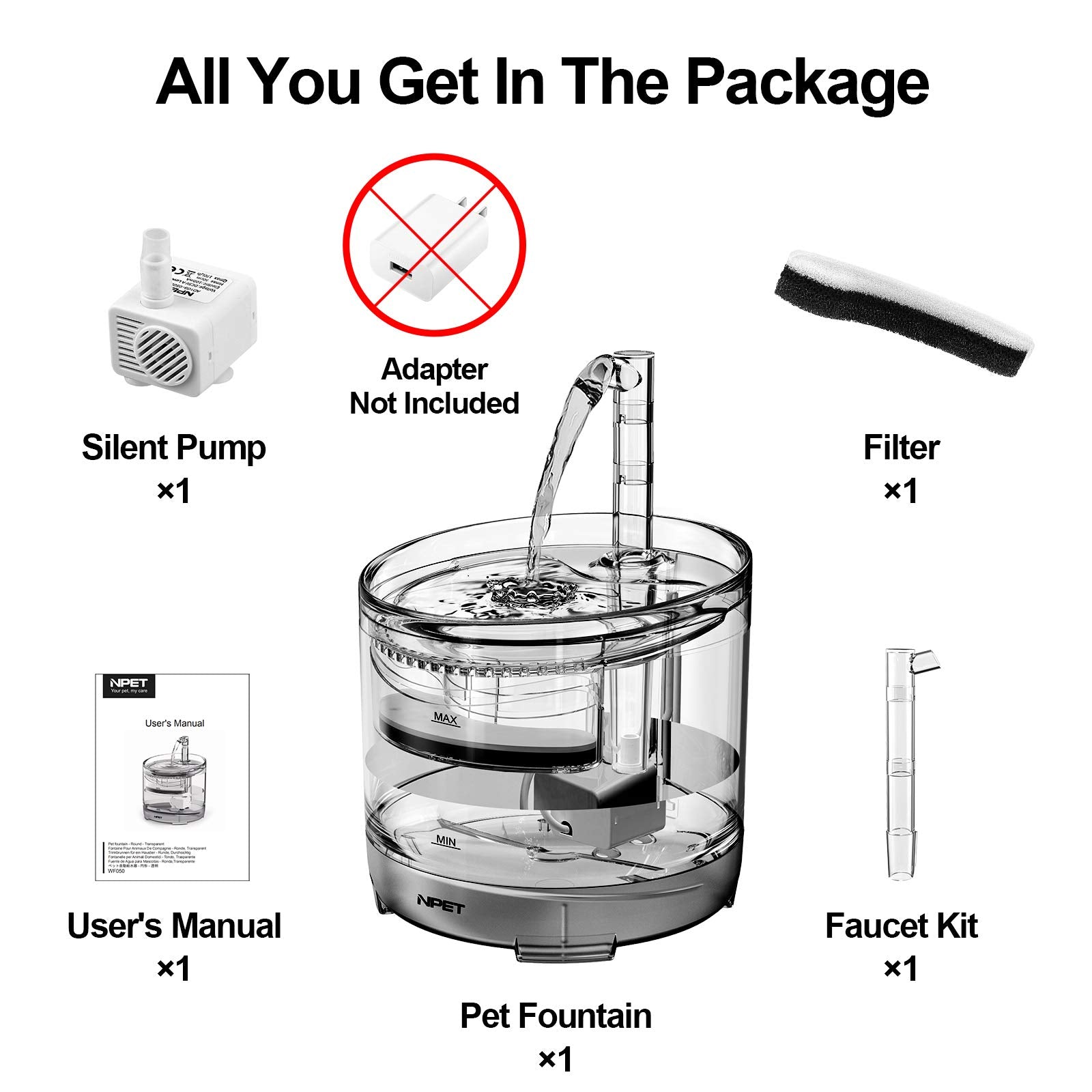 Npet Cat Water Fountain Wf050Tp 1.5L Automatic Pet Drinking Fountain With Replacement Faucet Kit