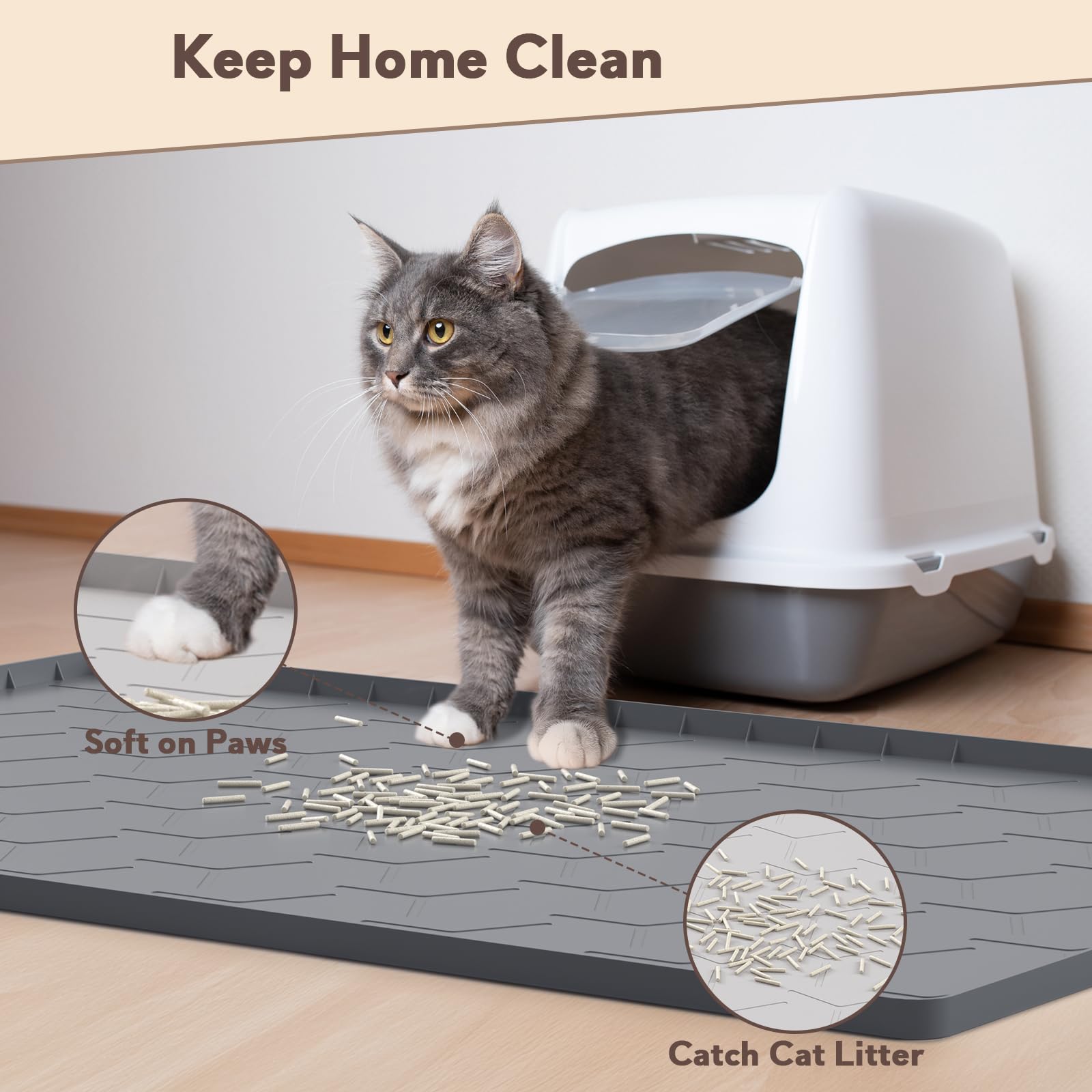 Garoopion Cat Litter Box Mat, Large 34'' X 22'' Cat Litter Mat, Waterproof Silicone Pad For Floor, Dark Gray
