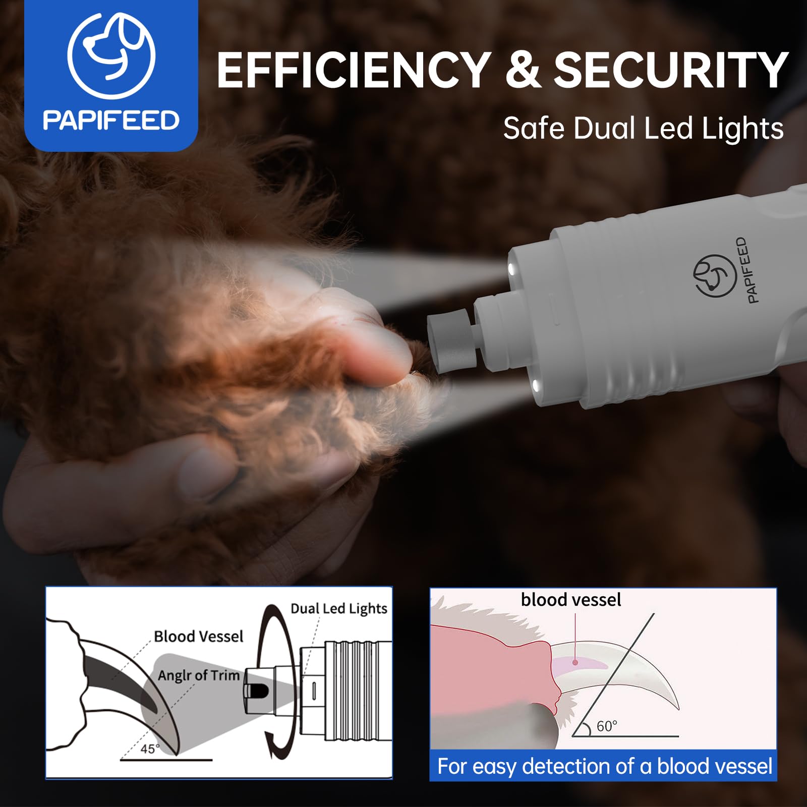 Papifeed Dog Nail Grinder Professional Pets, 3-Speed Electric Quiet Dog Nail Grinder, Rechargeable Dog Nail Trimmers - With 2 Le