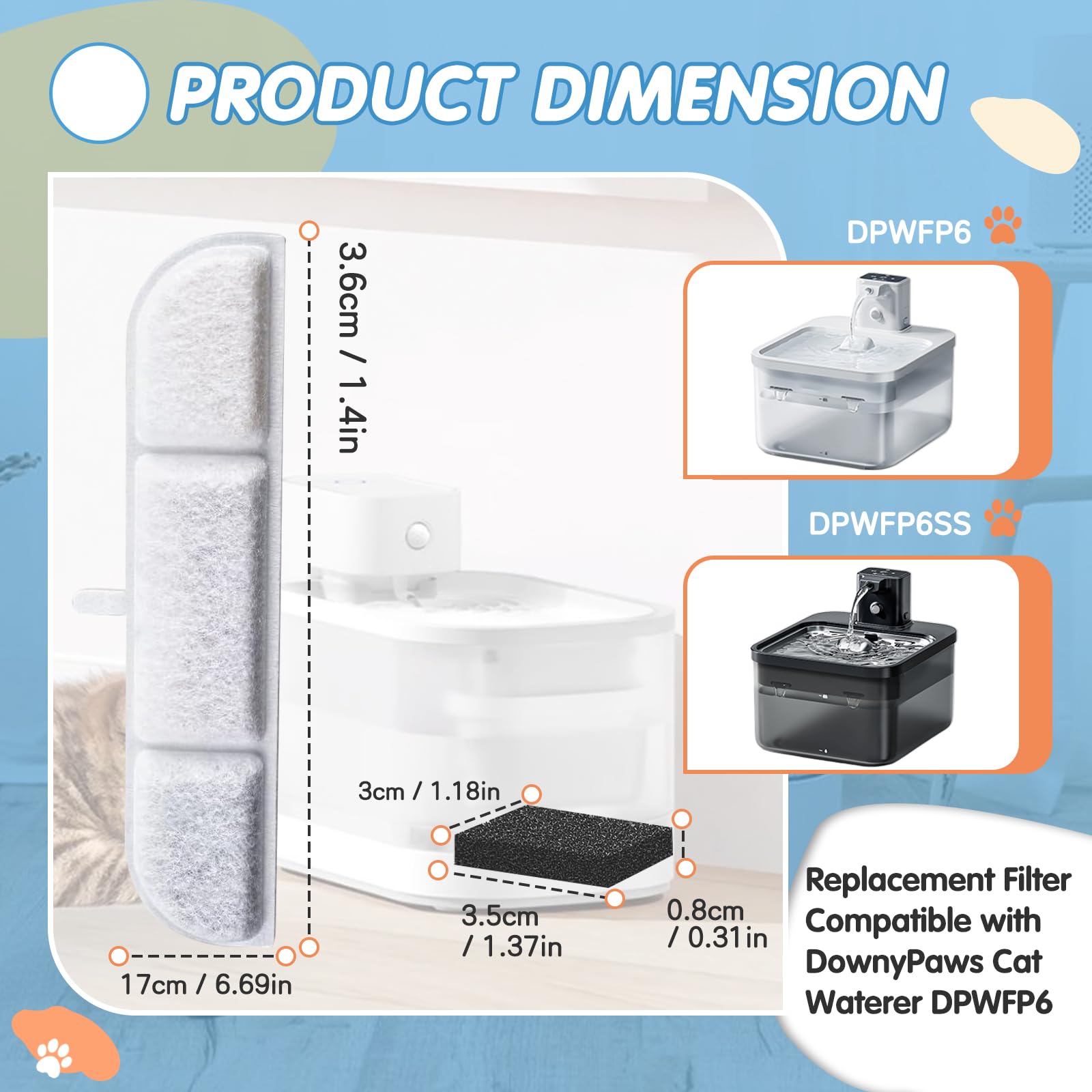 12Packs Replacement Filters Compatible with Downy Paws Cat Water Fountain - Triple Filtration Filters for DownyPaws 84oz/2.5L Wi
