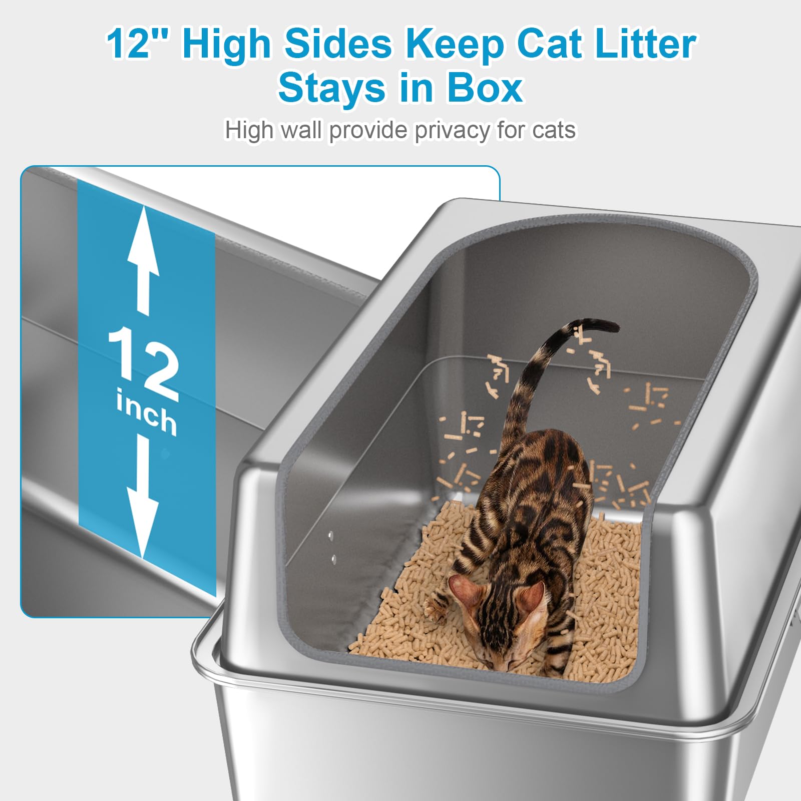 Paulmele 12'' High Sides Xl All Stainless Steel Cat Litter Box With Lid,Deep Metal Litter Box For Big Cats,Extra Large Litter Bo