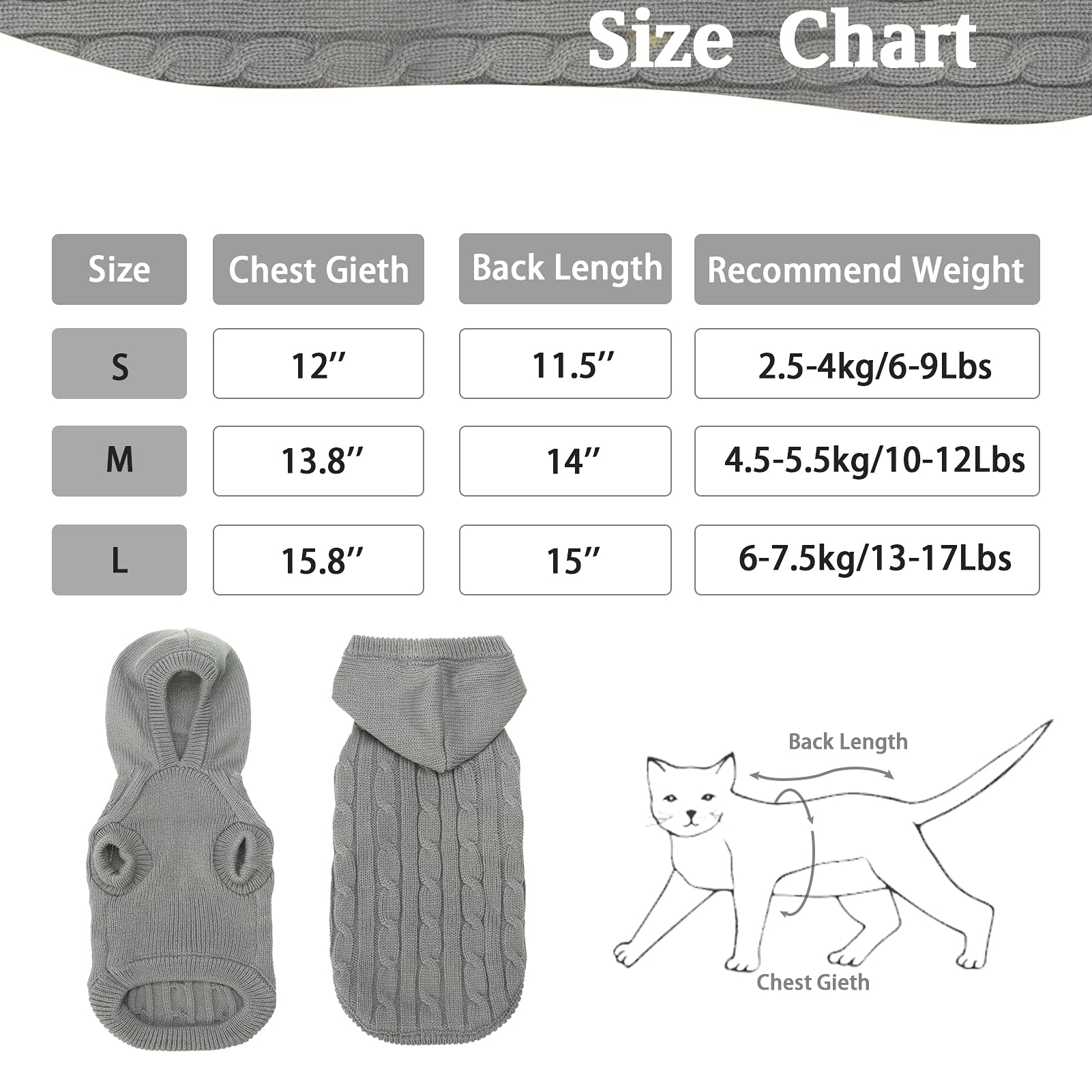 Pupteck Winter Dog Cat Sweater Coat - Soft Cold Weather Clothes Knitwear For Kitties & Small Dogs Indoor Outdoor Walking Warm, Knitted Classic For Doggies Kitties Girls Boys, Grey L