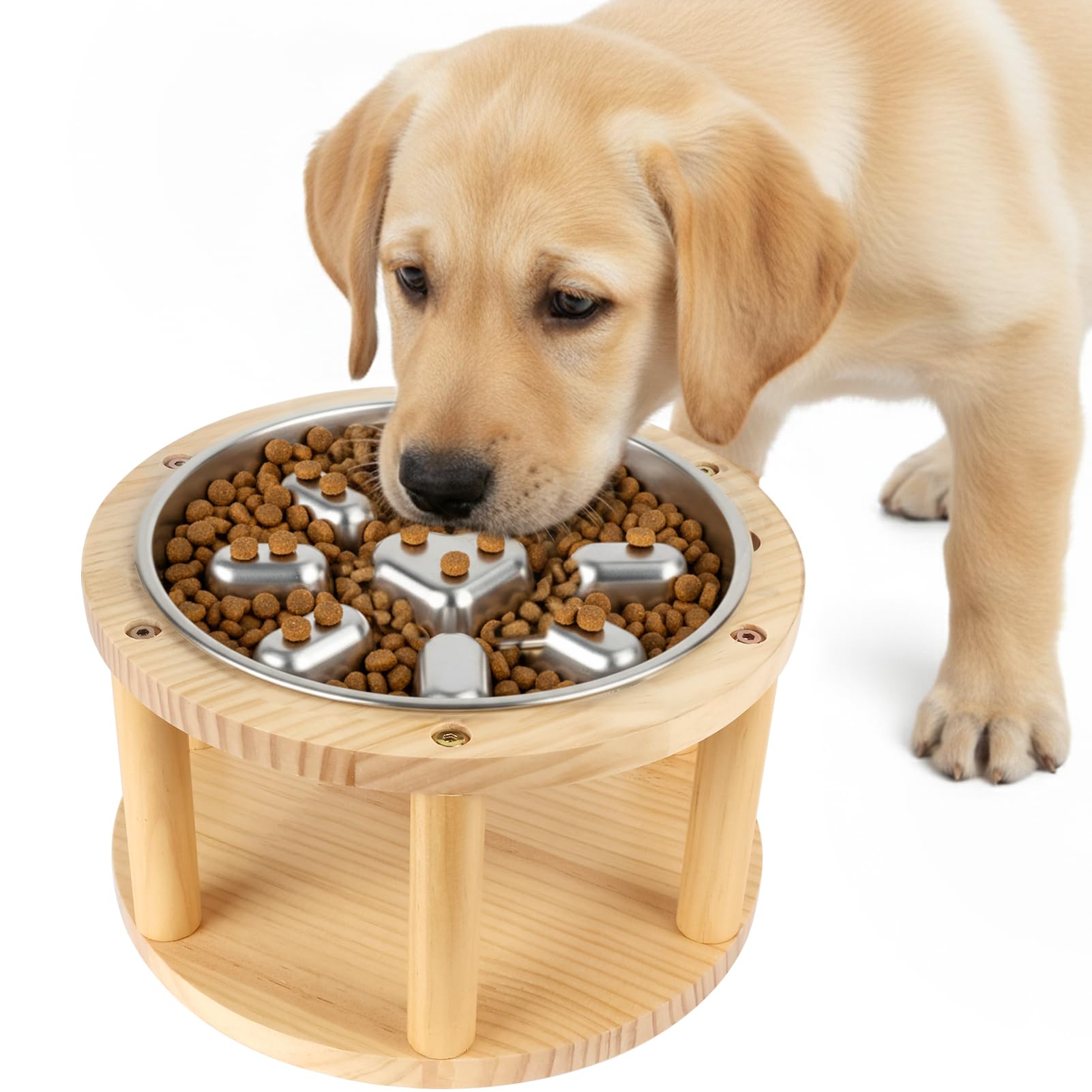 Vivifying Elevated Dog Bowl, Height-Adjustable Pine Wood Stand with Stainless Steel Slow Feeder Bowl, Available in Two Heights 5