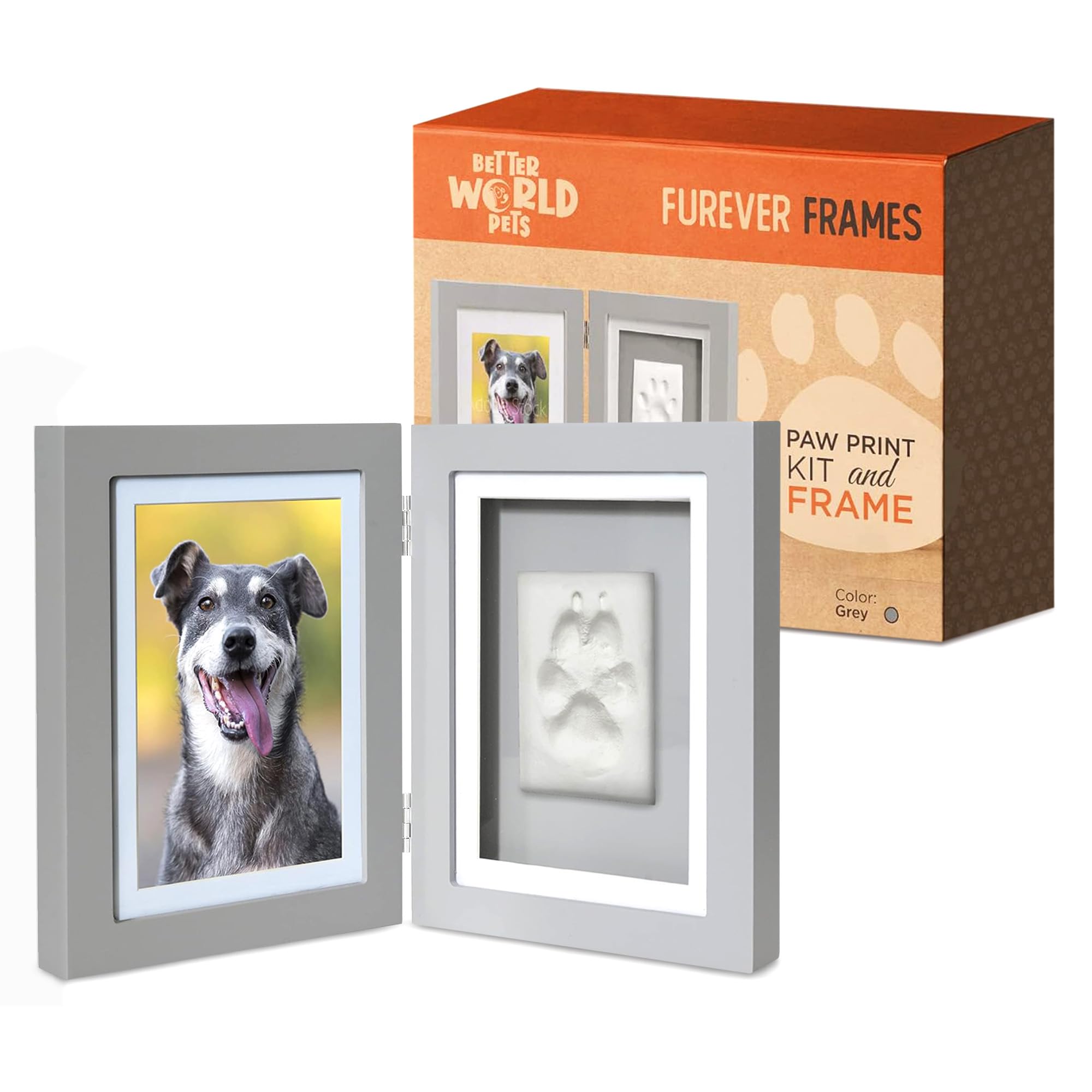 Better World Pets Paw Print + Photo Keepsake Frame Holds 4 X 6 Inch Or 5 X 7 Picture – Memorial Clay Imprint Kit – For Dogs And Cats – Perfect For Pet Lovers – Hinged For Desktop, Grey
