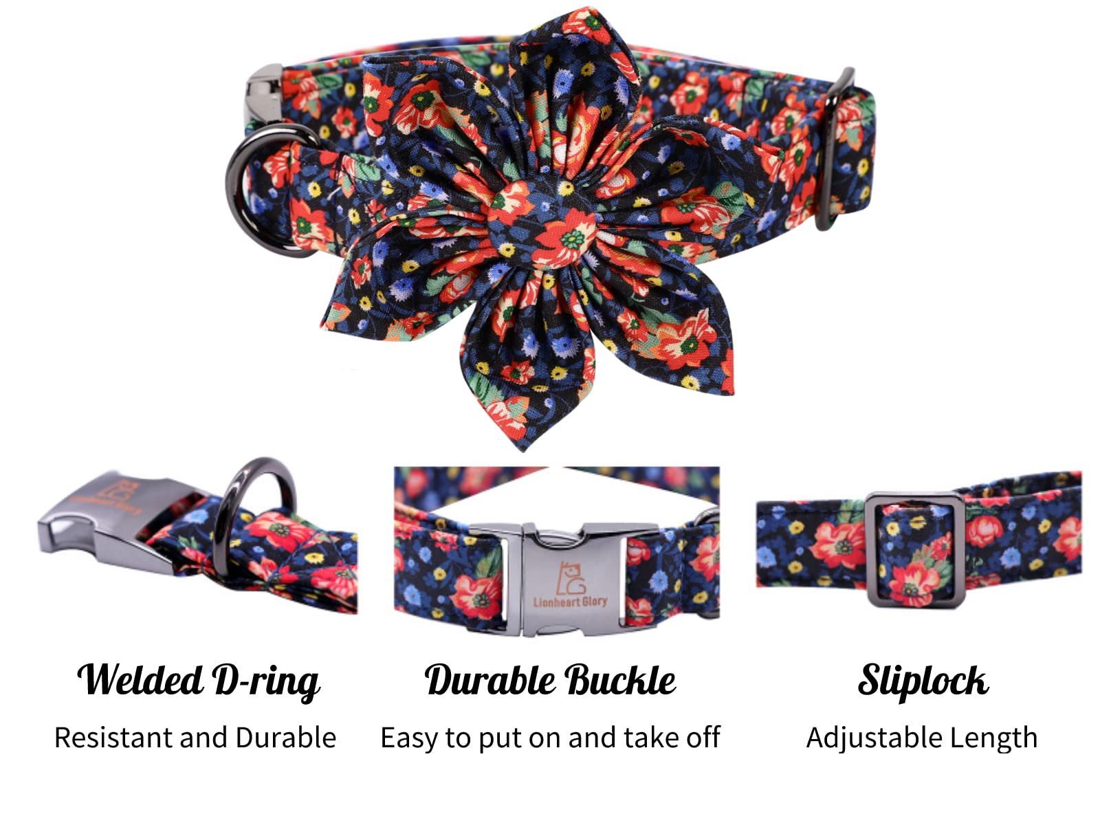 Lionheart Glory Dog Collar, Dog Collar with Flower, Cute Floral Pattern Pet Collar Adjustable Dog Collar for Medium Dogs