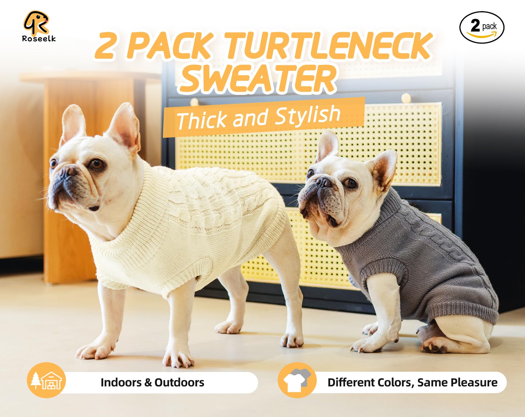 Roseelk 2 Pack Dog Sweaters For Small Dogs - Puppy Medium Warm Clothes In Winter, Turtleneck Pullover Design For Boy Girl Pet, Doggie, Cat, Kitten Chihuahua Bulldog Pug Beagles (Xs, Grey, Beige)
