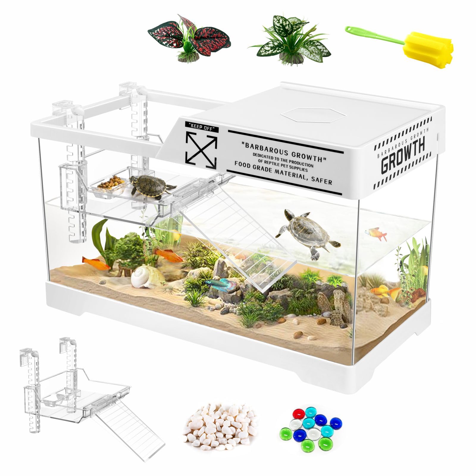 GOZILLA Aquatic Turtle Tank,Upgrade PC Turtle Tank Starter Kit, Reptile Habitat with Lid,Hanging Basking Platform, Bottom Draina