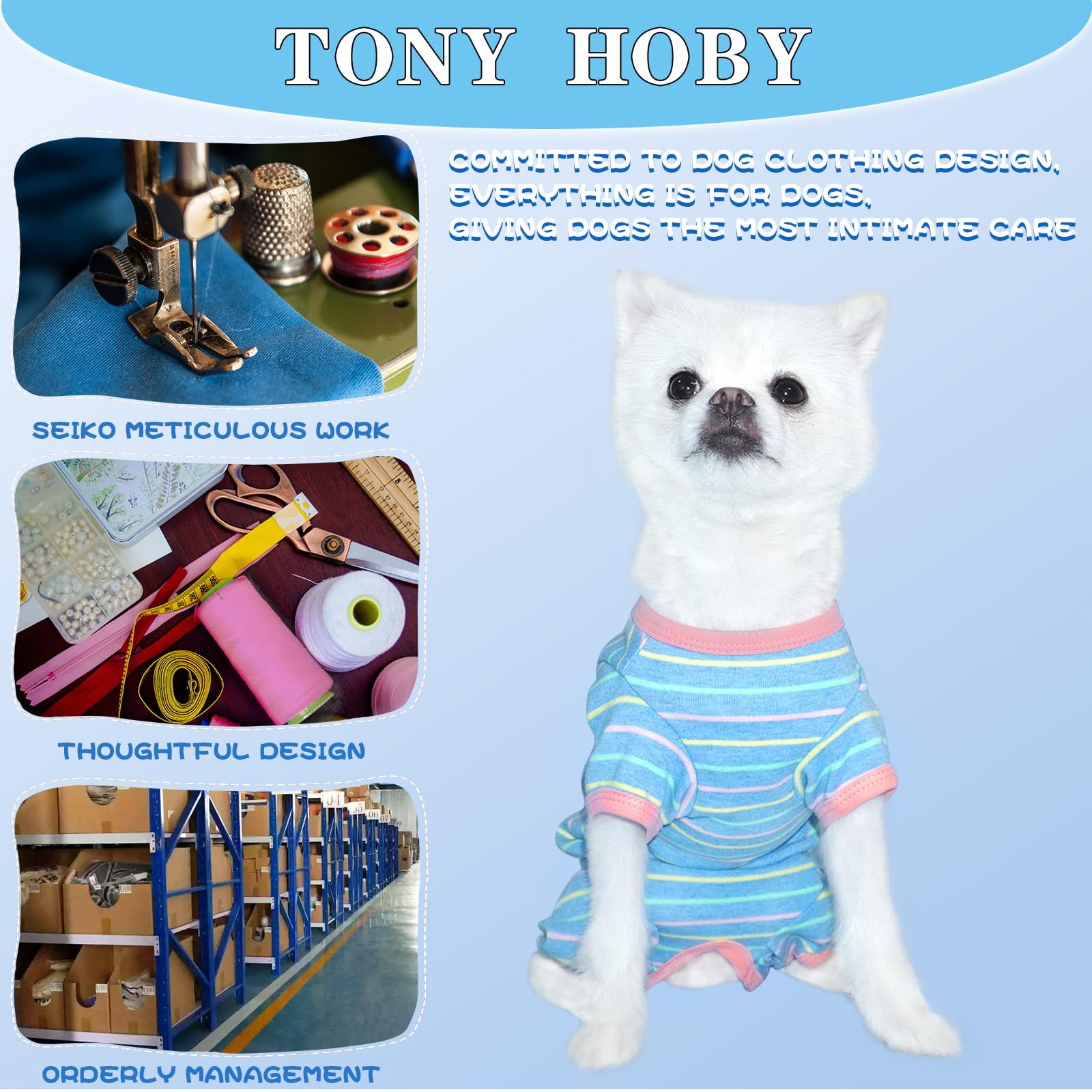 Tony Hoby Female Dog Pajamas, Dog Thermal Jumpsuit With Stripe For Small/Medium Dogs (Light Blue, Girl, Xl)