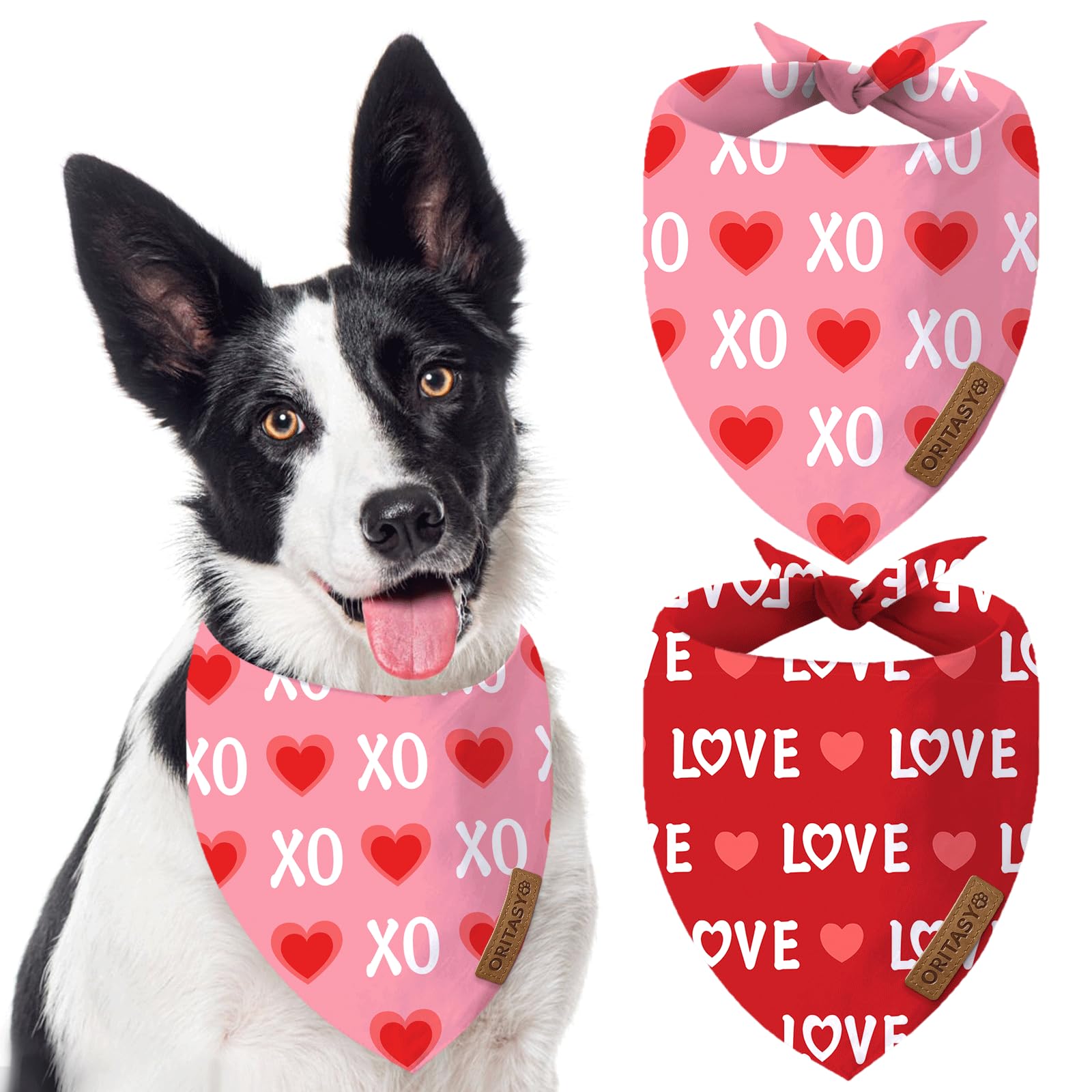 Oritasy Valentines Day Dog Bandanas, 2-Pack Triangle Reversible Love Pet Scarves, Premium Fabric Bandana (Small, Style 1)