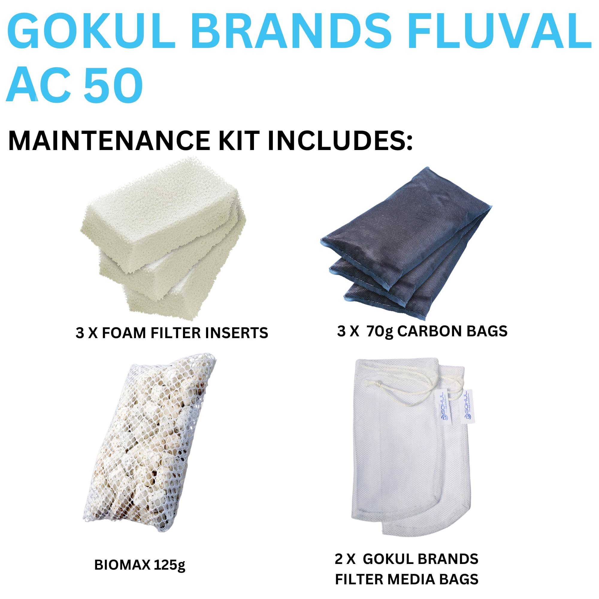 Gokul Brands Aquaclear 50 Hob Maintenance & Replacement Filter Media Kit, Including Gokul Brands Mesh Bags(Aquaclear Activated C