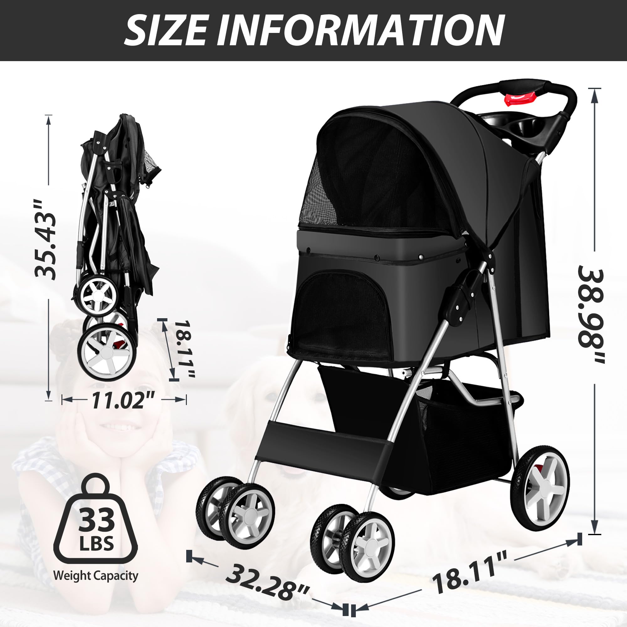 Unisakey 4 Wheels Pet Stroller For Small Medium Dogs Cats 10-33 Lbs, Foldable Dog And Cat Stroller With Cup Holder & Storage Bas