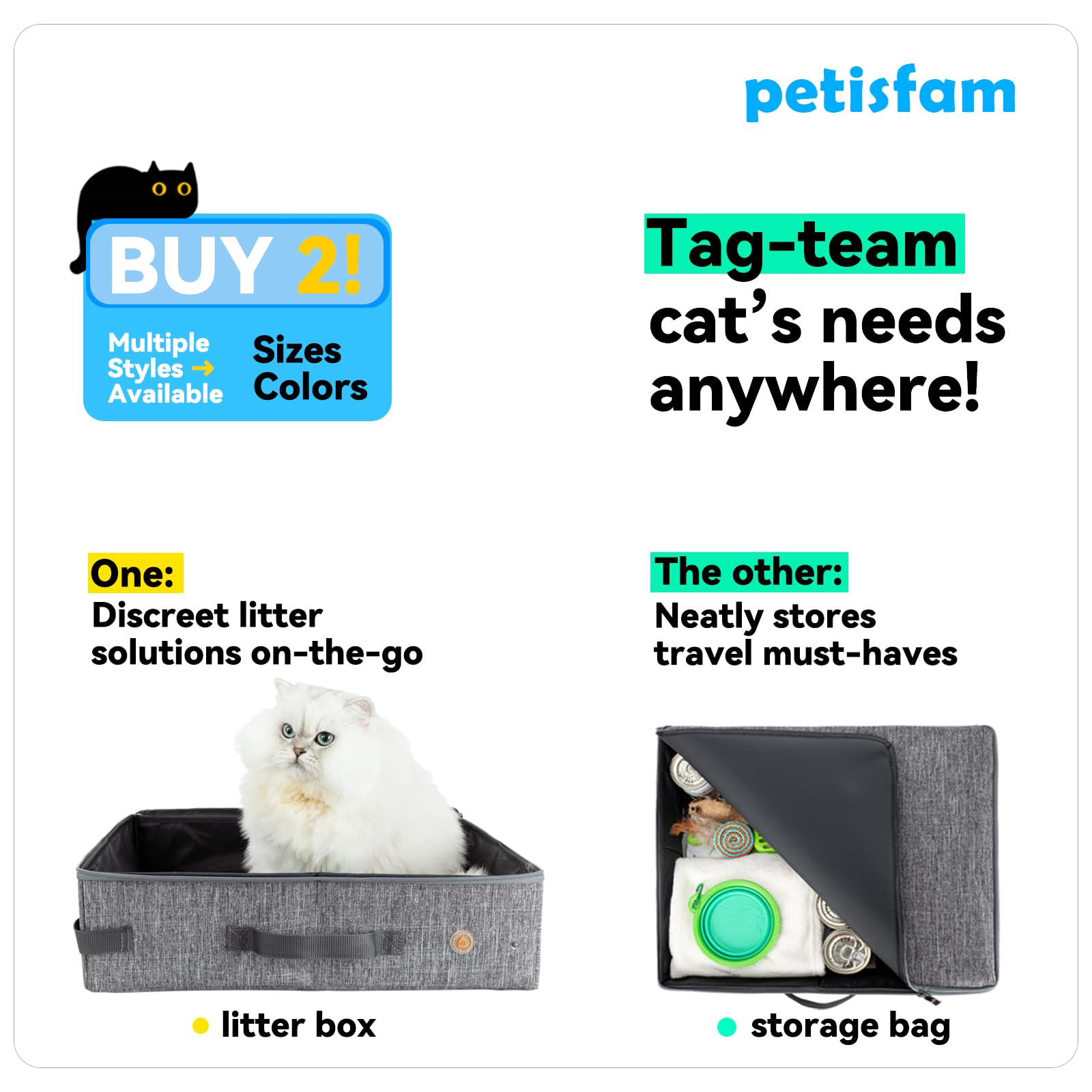 Portable Cat Travel Litter Box with Zipped Lid to Keep Everything Contained. No Odor, Leakage and Messes. Easy to Carry, Clean a