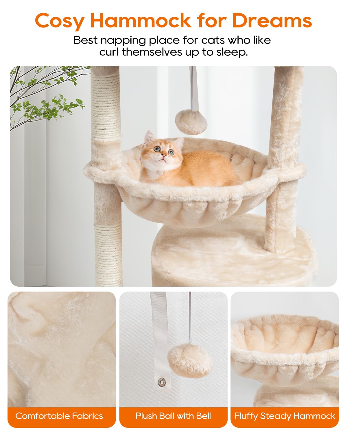 SYANDLVY Small Cat Tree for Indoor Cats, Kittens Condo with Scratching Post and Board, Modern Activity Tower with Cradle, Beige
