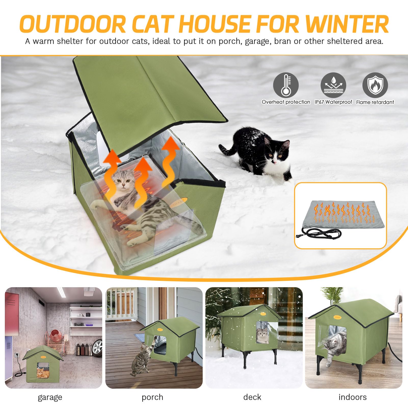 Heated Cat House For Outside In Winter, Elevated Waterproof Insulated Cat Houses For Outdoor Cats, Heated Feral Cat Shelter For
