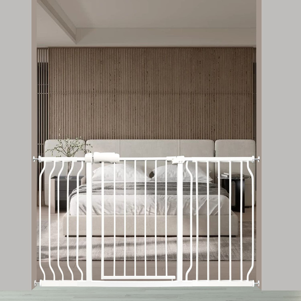 Extra Wide Baby Gate 52.8 To 57.5 Inch Wide Pressure Mounted Auto Close White Metal Child Dog Pet Safety Gates With Walk Through For Stairs,Doorways,Kitchen And Living Room